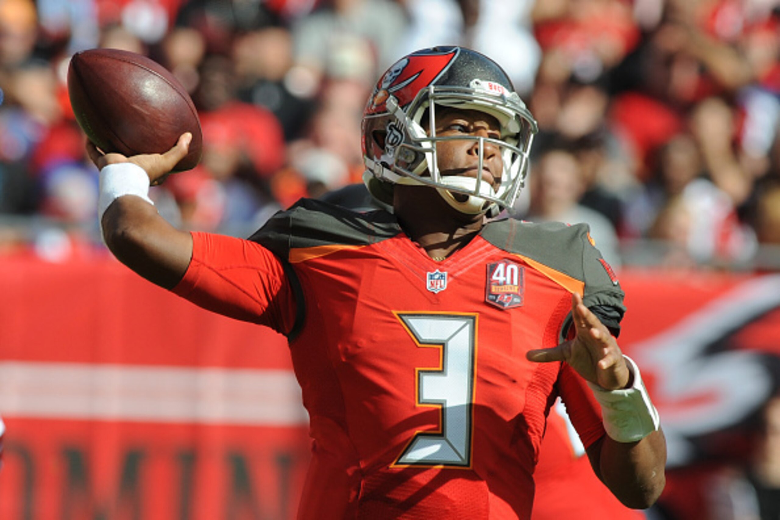 TAMPA, FL - DECEMBER 6: Quarterback Jameis Winston #3 of the Tampa Bay Buccaneers passes the ball in the second quarter against the Atlanta Falcons at Raymond James Stadium on December 6, 2015 in Tampa, Florida. (Photo by Cliff McBride/Getty Images)