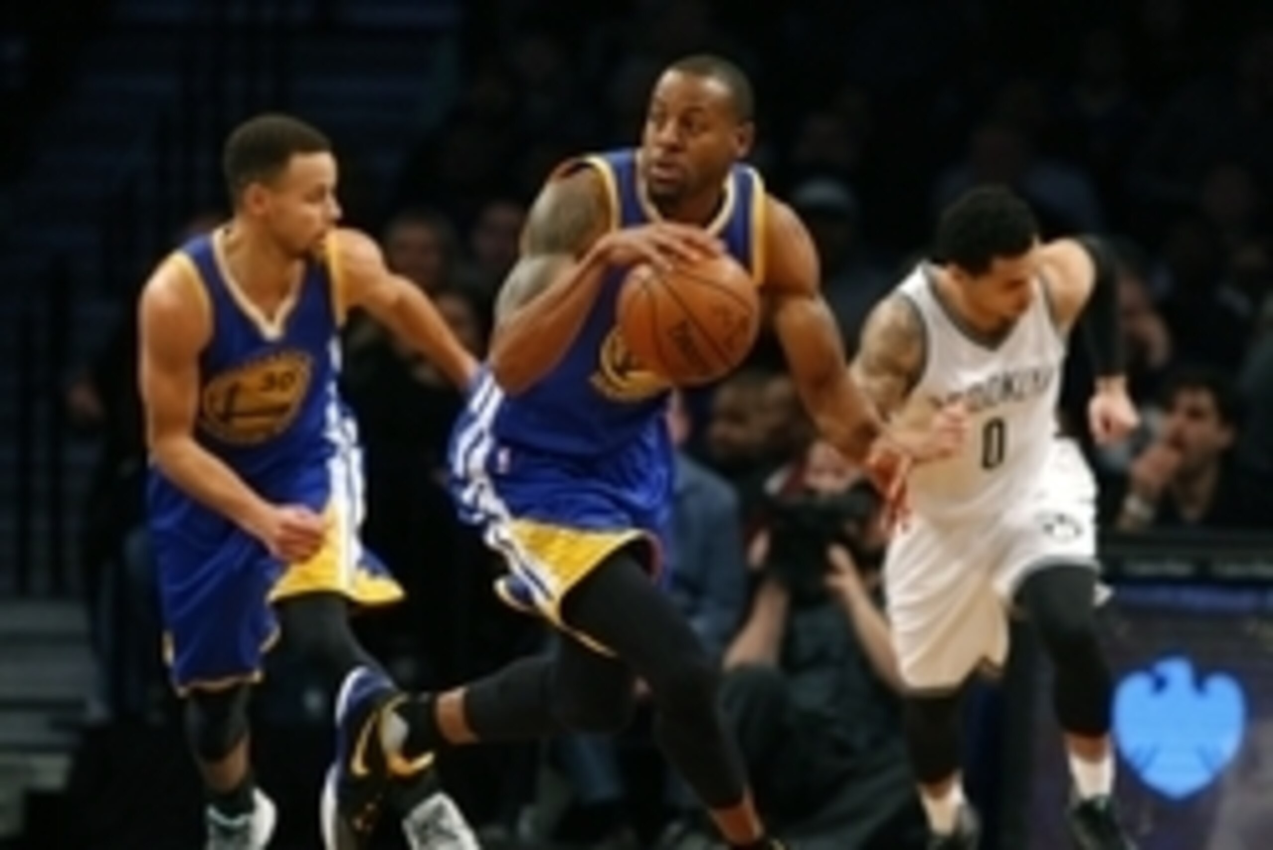Dec 6, 2015; Brooklyn, NY, USA;  Golden State Warriors forward Andre Iguodala (9) dribbles the ball across the court against the Brooklyn Nets during the first half at Barclays Center. Mandatory Credit: Noah K. Murray-USA TODAY Sports