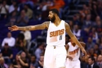 Nov 25, 2015; Phoenix, AZ, USA; Phoenix Suns forward Markieff Morris celebrates after a three pointer against the New Orleans Pelicans at Talking Stick Resort Arena. Mandatory Credit: Mark J. Rebilas-USA TODAY Sports