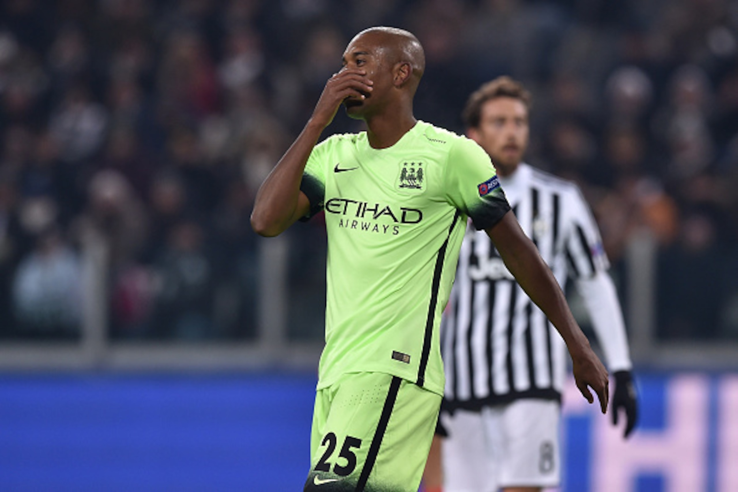 TURIN, ITALY - NOVEMBER 25:  Fernandinho of Manchester City FC reacts during the UEFA Champions League group stage match between Juventus and Manchester City FC at Juventus Arena on November 25, 2015 in Turin, Italy.  (Photo by Valerio Pennicino/Getty Ima