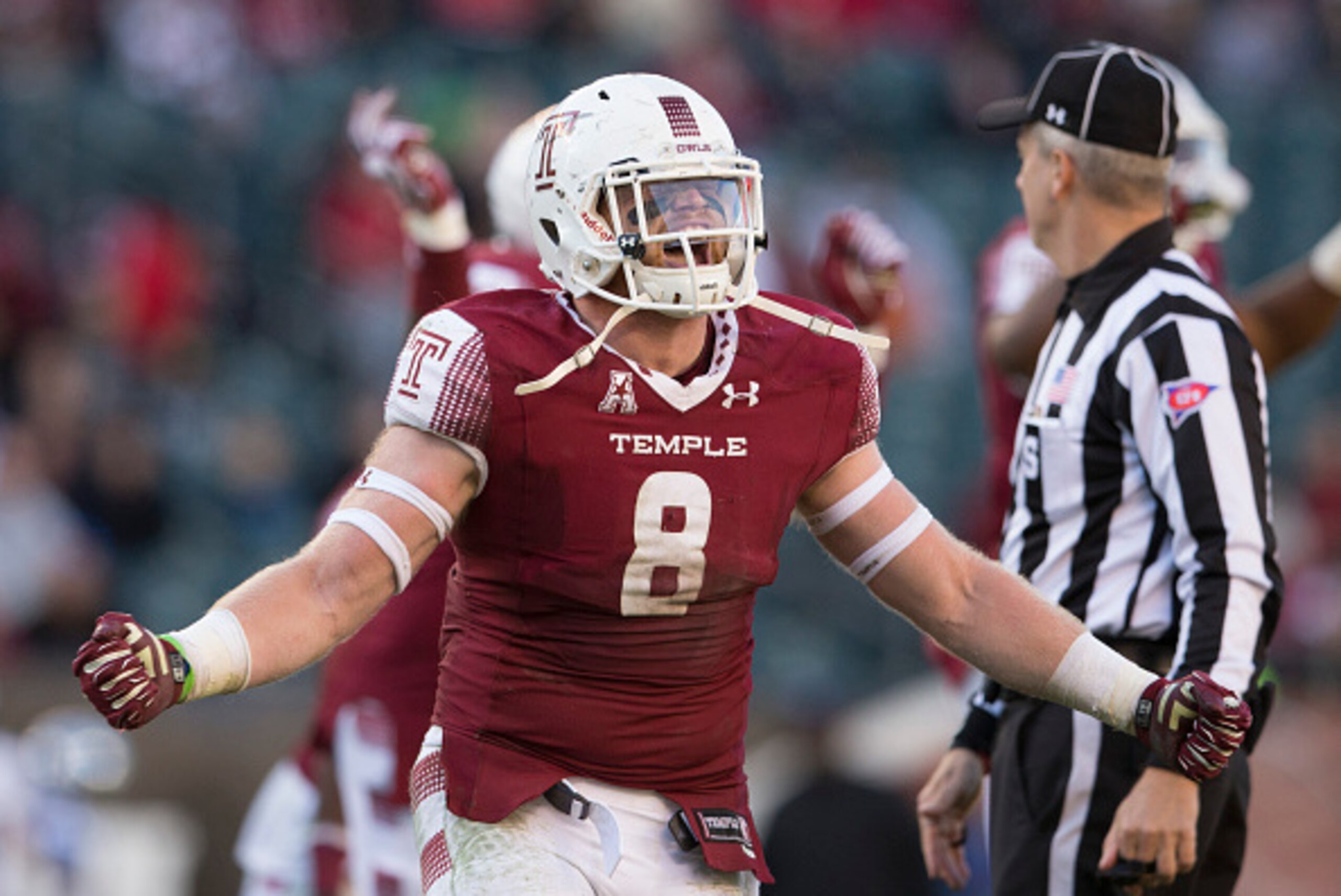 PHILADELPHIA, PA - NOVEMBER 21: Tyler Matakevich #8 of the Temple Owls reacts after the defense stopped the Memphis Tigers on a fourth down run in the fourth quarter on November 21, 2015 at Lincoln Financial Field in Philadelphia, Pennsylvania. The Owls d