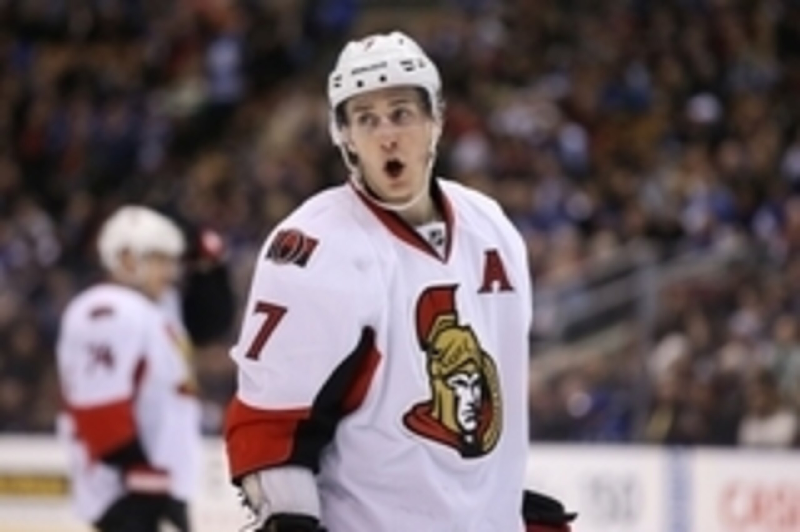 Mar 28, 2015; Toronto, Ontario, CAN; Ottawa Senators center Kyle Turris (7) during their game against the Toronto Maple Leafs at Air Canada Centre. The Maple Leafs beat the Senators 4-3 in overtime. Mandatory Credit: Tom Szczerbowski-USA TODAY Sports