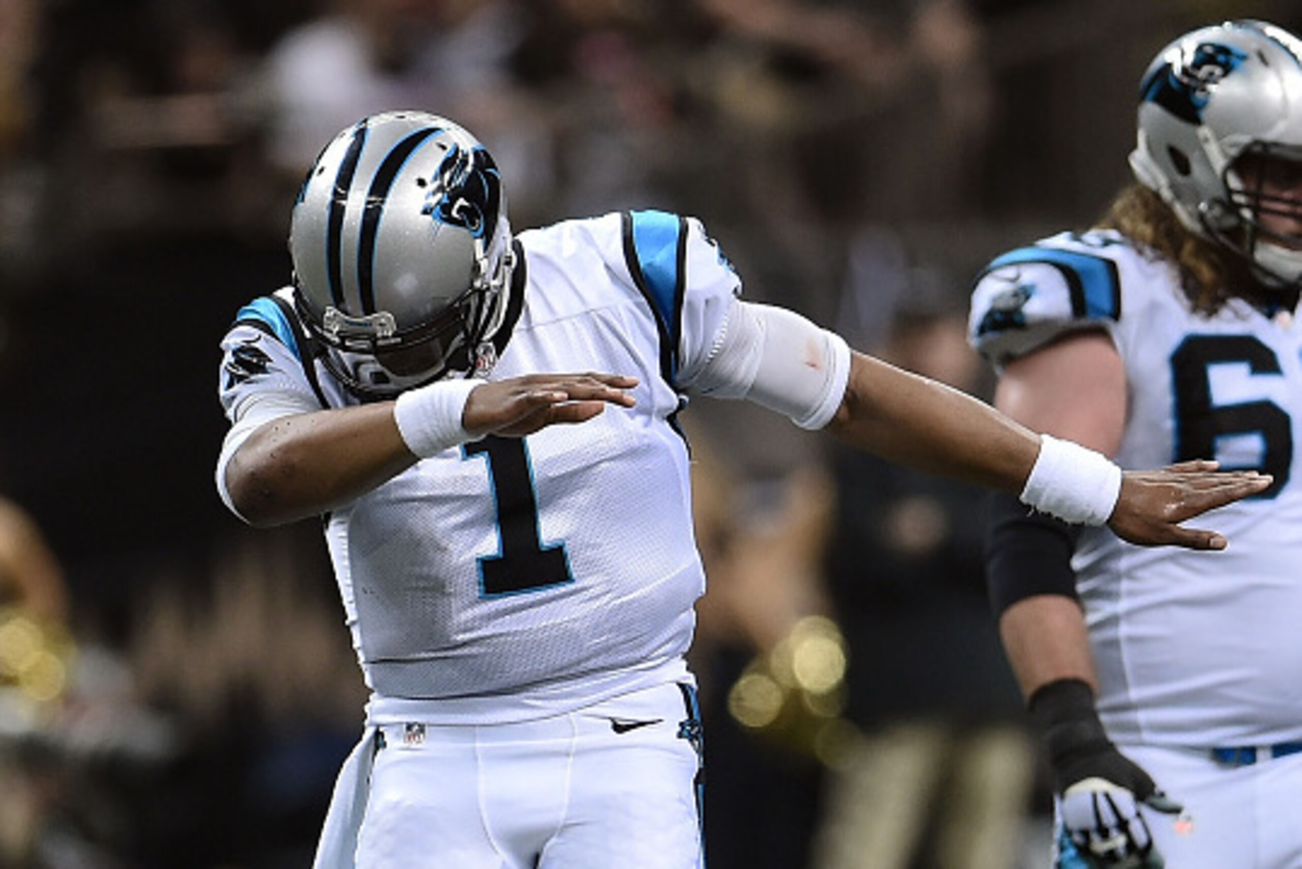 NEW ORLEANS, LA - DECEMBER 06:  Cam Newton #1 of the Carolina Panthers celebrates a first down during a game against the New Orleans Saints at the Mercedes-Benz Superdome on December 6, 2015 in New Orleans, Louisiana.  Carolina defeated New Orleans 41-38.