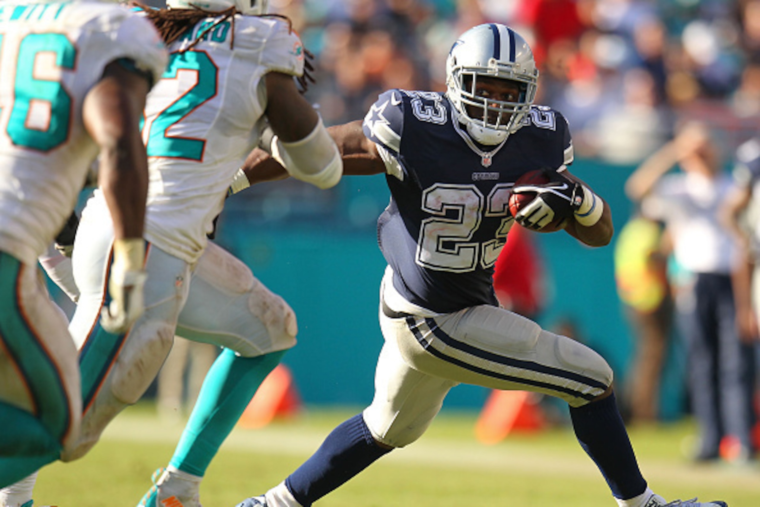 MIAMI GARDENS, FL - NOVEMBER 22:  Robert Turbin #23 of the Dallas Cowboys in action during the second half of the game against the Miami Dolphins at Sun Life Stadium on November 22, 2015 in Miami Gardens, Florida.  (Photo by Rob Foldy/Getty Images)