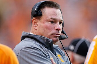 KNOXVILLE, TN - NOVEMBER 7: Head coach Butch Jones of the Tennessee Volunteers looks on during a game against the South Carolina Gamecocks at Neyland Stadium on November 7, 2015 in Knoxville, Tennessee. Tennessee defeated South Carolina 27-24. (Photo by J
