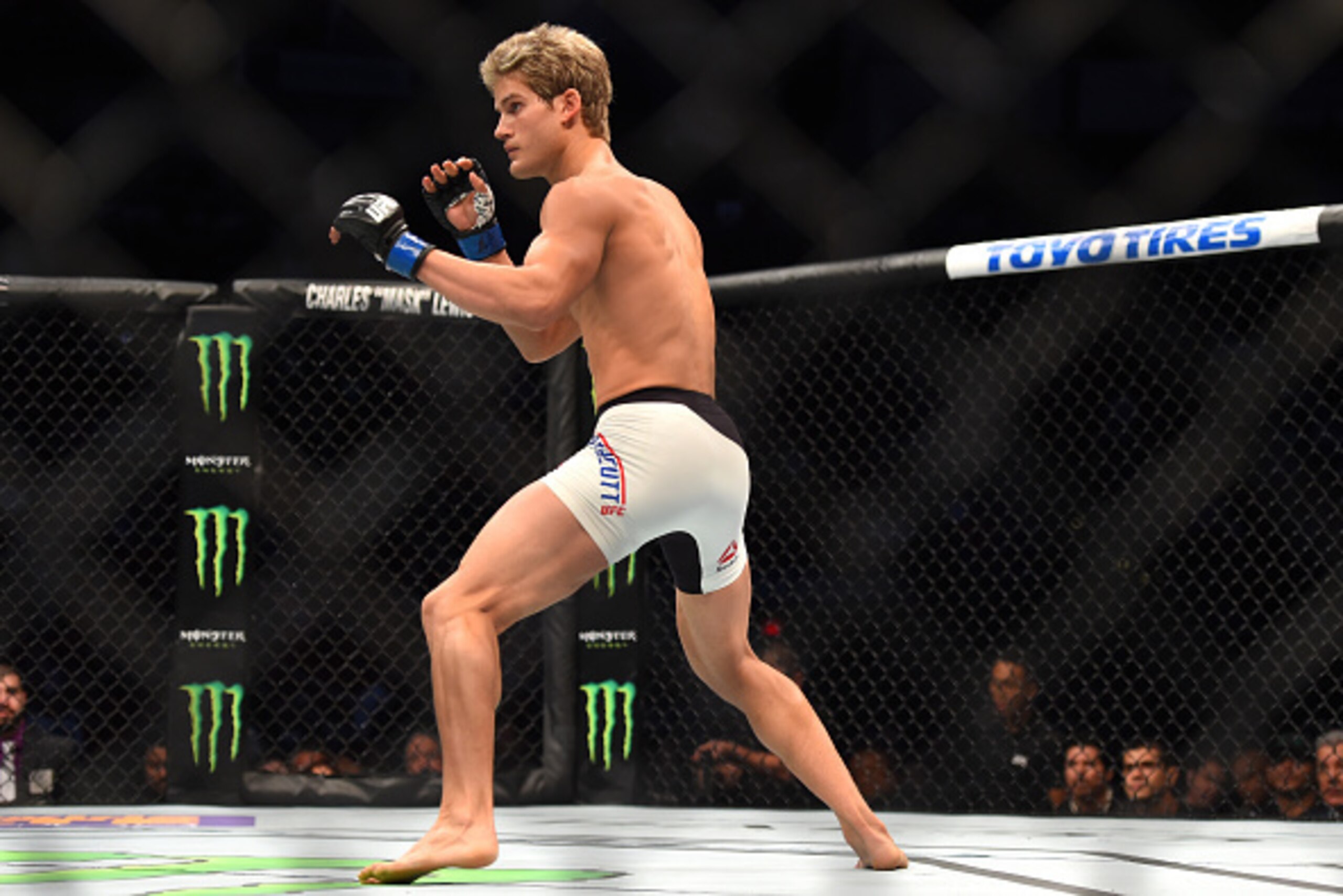 HOUSTON, TX - OCTOBER 03:  Sage Northcutt face Francisco Trevino in their lightweight bout during the UFC 192 event at the Toyota Center on October 3, 2015 in Houston, Texas. (Photo by Jeff Bottari/Zuffa LLC/Zuffa LLC via Getty Images)
