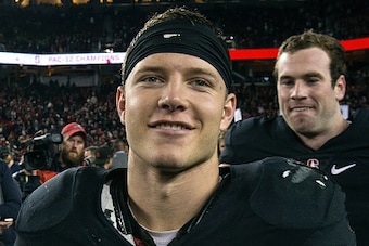 SANTA CLARA, CA - DECEMBER 05:  Running back Christian McCaffrey #5 of the Stanford Cardinal celebrates after the Pac-12 Championship game against the USC Trojans at Levi's Stadium on December 5, 2015 in Santa Clara, California. The Stanford Cardinal defe