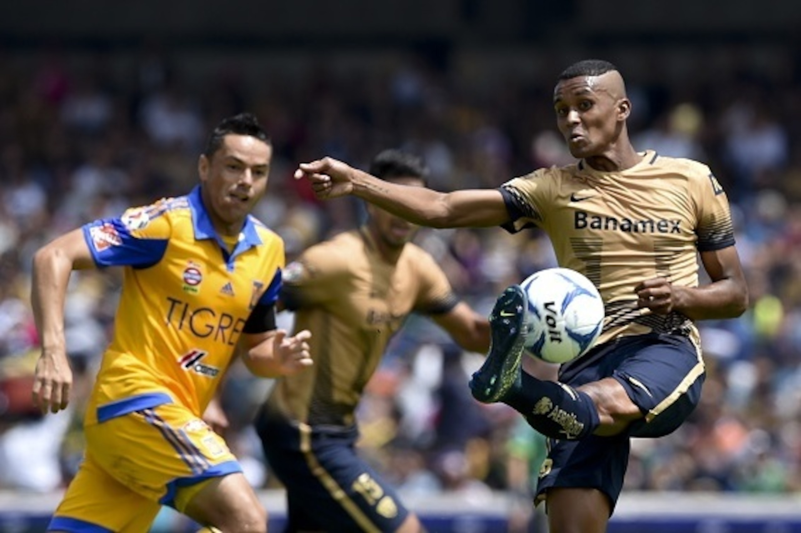 Pumas's Fidel Martinez (R) vies for the ball with Tigres' Anselmo Vendrechovski (L) during their Mexican Apertura tournament football match at the Olympic stadium on September 27, 2015 in Mexico City.  AFP PHOTO/ Yuri CORTEZ        (Photo credit should re