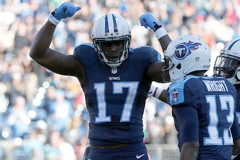 NASHVILLE, TN - DECEMBER 6:  Dorial Green-Beckham #17 of the Tennessee Titans celebrates after scoring a touchdown against the Jacksonville Jaguars during the game at Nissan Stadium on December 6, 2015 in Nashville, Tennessee. (Photo by Wesley Hitt/Getty 