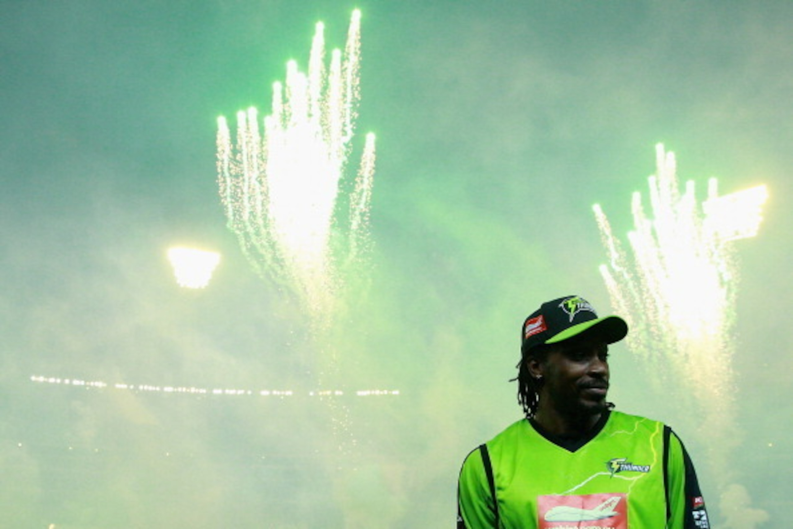 MELBOURNE, AUSTRALIA - JANUARY 08:  Chris Gayle of the Thunder looks on during the Big Bash League match between the Melbourne Stars and the Sydney Thunder at Melbourne Cricket Ground on January 8, 2013 in Melbourne, Australia.  (Photo by Robert Prezioso/