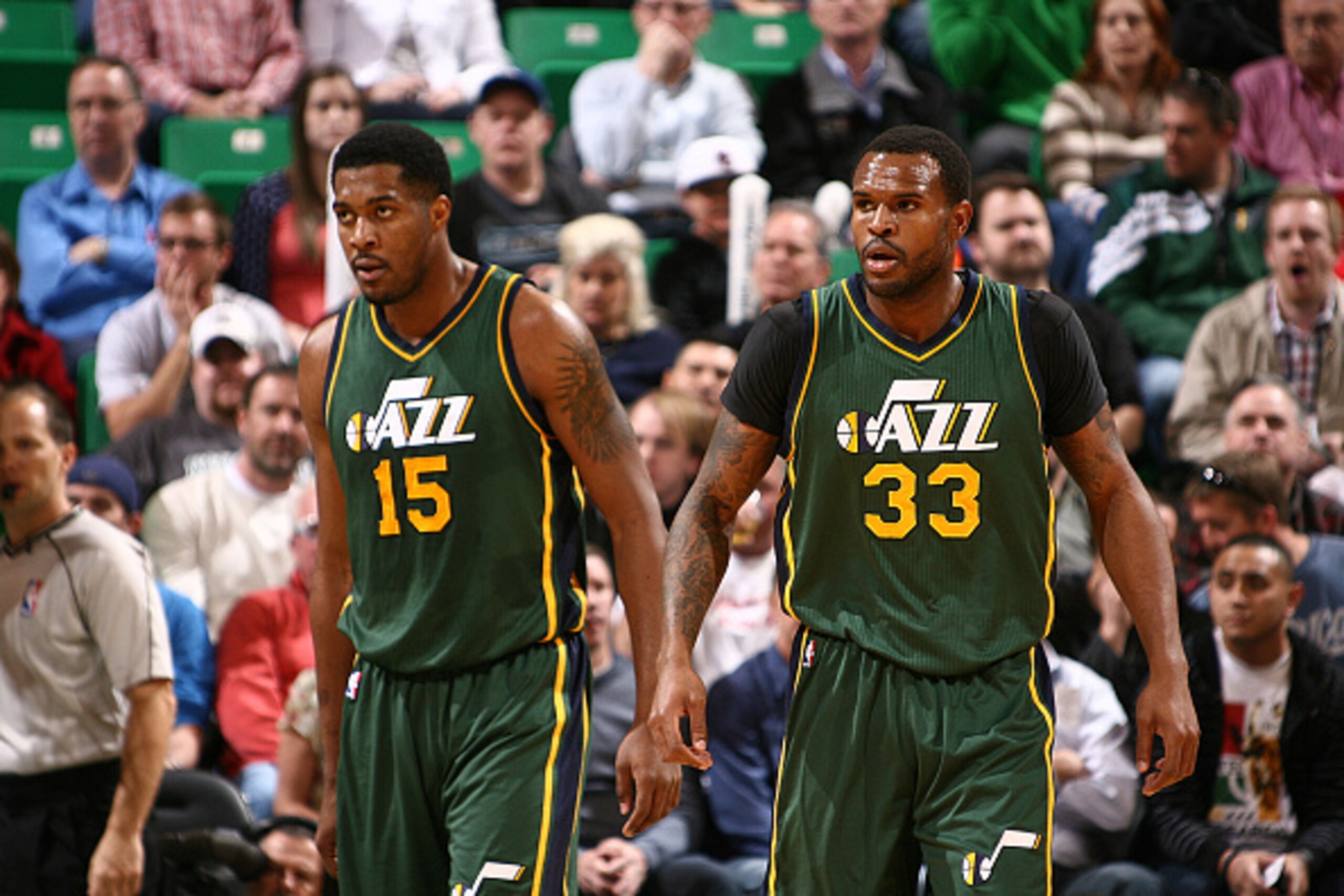 SALT LAKE CITY, UT - MARCH 25:  Derrick Favors #15 of the Utah Jazz and Trevor Booker #33 of the Utah Jazz during the game against the Portland Trail Blazers on March 25, 2015 at EnergySolutions Arena in Salt Lake City, Utah. NOTE TO USER: User expressly 