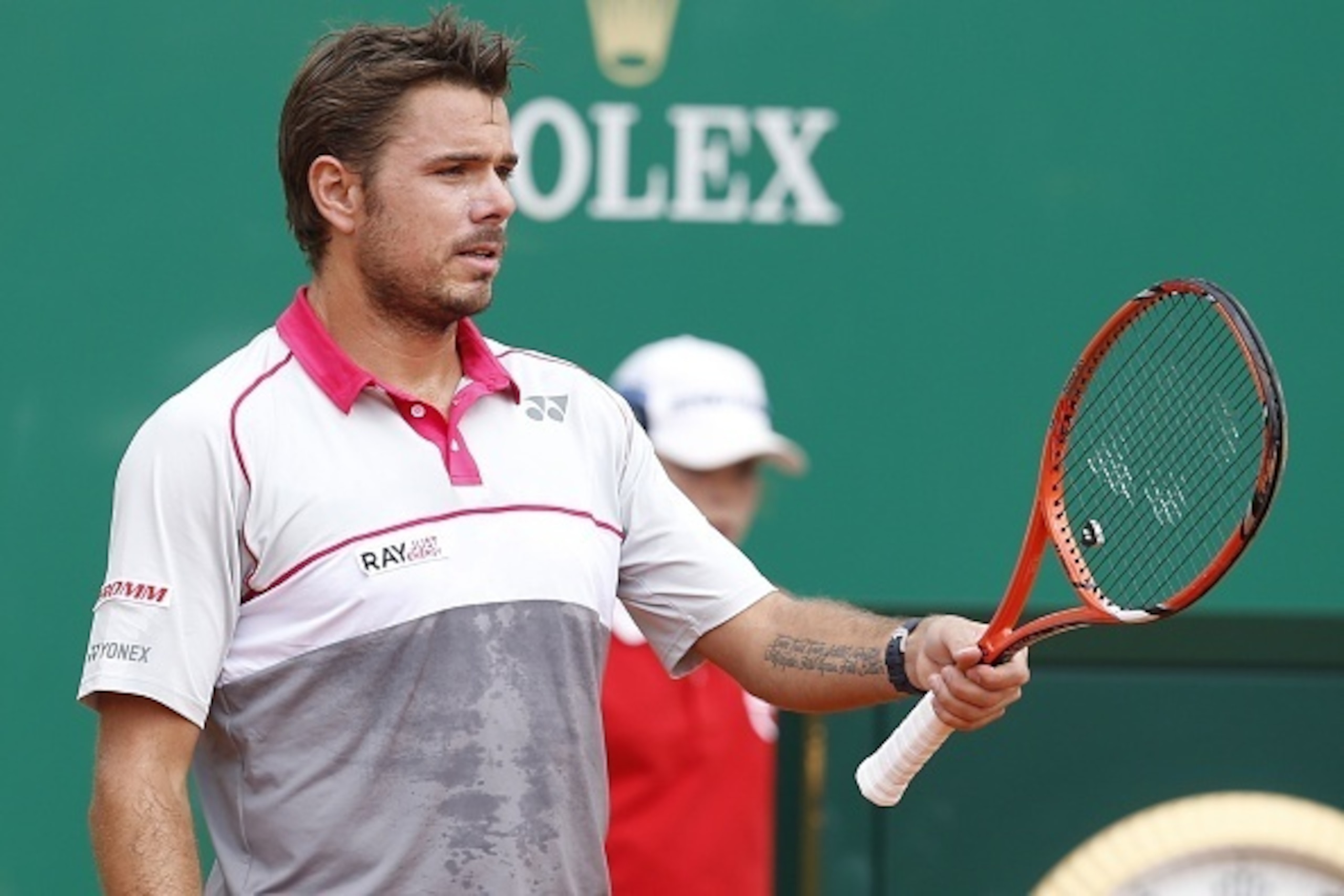 Swiss player Stan Wawrinka reacts during the Monte-Carlo ATP Masters Series Tournament tennis match against Bulgarian player Grigor Dimitrov , on April 16, 2015 in Monaco. AFP PHOTO / VALERY HACHE        (Photo credit should read VALERY HACHE/AFP/Getty Im