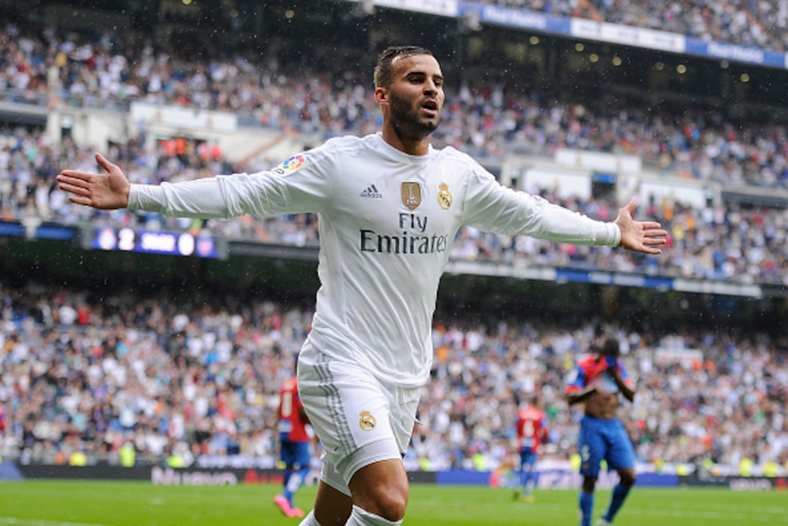 MADRID, SPAIN - OCTOBER 17: Jese Rodriguez of Real Madrid celebrates after scoring Real's 3rd goal during the La Liga match between Real Madrid CF and Levante UD at estadio Santiago Bernabeu on October 17, 2015 in Madrid, Spain. (Photo by Denis Doyle/Ge MADRID, SPAIN - OCTOBER 17: Jese Rodriguez of Real Madrid celebrates after scoring Real's 3rd goal during the La Liga match between Real Madrid CF and Levante UD at estadio Santiago Bernabeu on October 17, 2015 in Madrid, Spain. (Photo by Denis Doyle/Ge