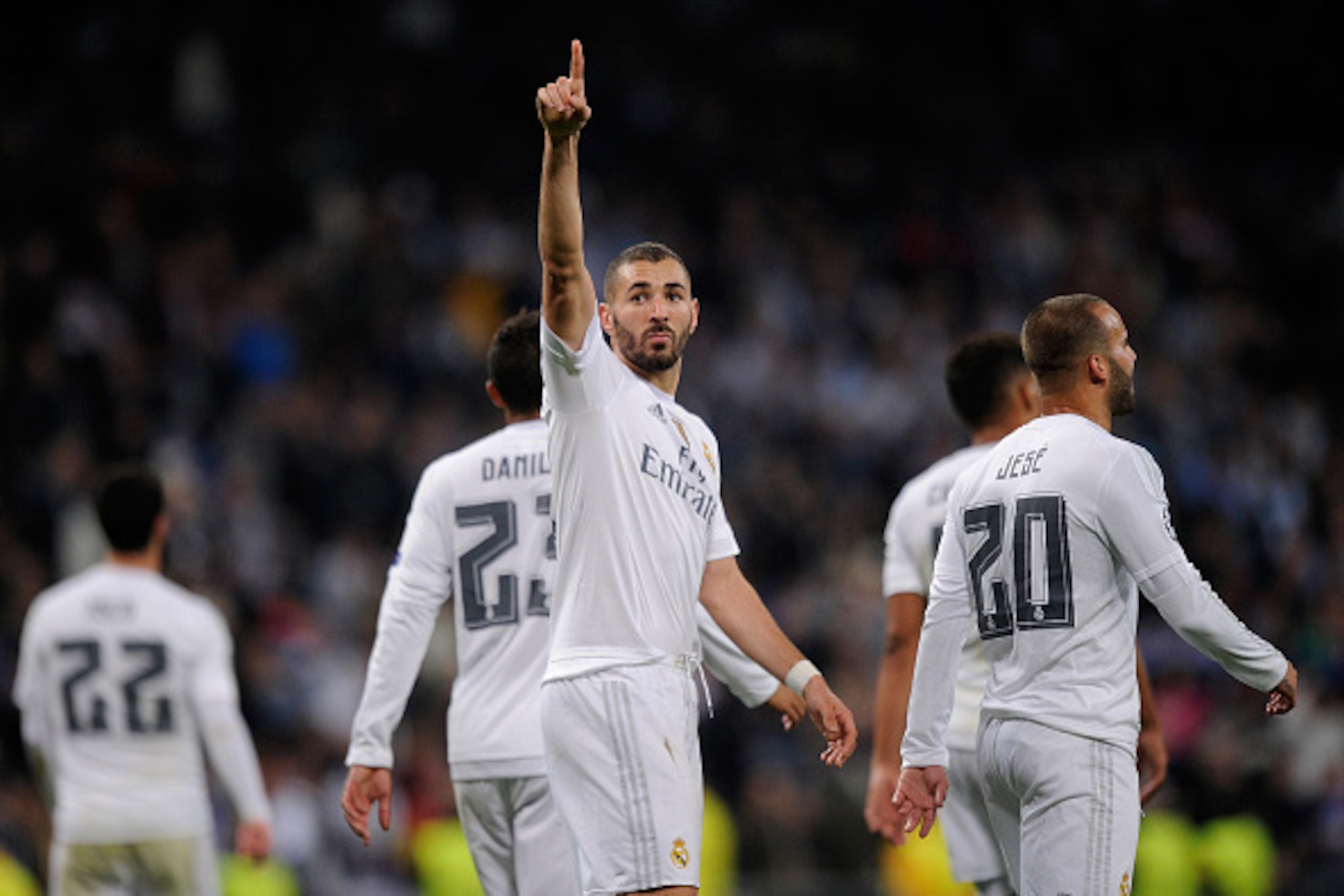 MADRID, SPAIN - DECEMBER 08:  Karim Benzema of Real Madrid celebrates after scoring Real's 8th goal during the UEFA Champions League Group A match between Real Madrid CF and Malmo FF at the Santiago Bernabeu stadium on December 8, 2015 in Madrid, Spain.  