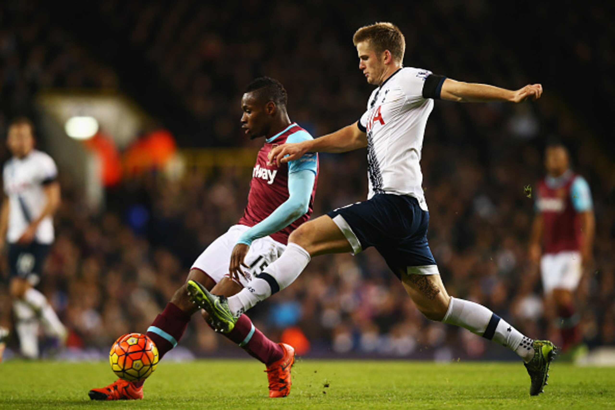 LONDON, ENGLAND - NOVEMBER 22: Diafra Sakho of West Ham United is challenged by Eric Dier of Tottenham Hotspur during the Barclays Premier League match between Tottenham Hotspur and West Ham United at White Hart Lane on November 22, 2015 in London, Englan LONDON, ENGLAND - NOVEMBER 22: Diafra Sakho of West Ham United is challenged by Eric Dier of Tottenham Hotspur during the Barclays Premier League match between Tottenham Hotspur and West Ham United at White Hart Lane on November 22, 2015 in London, Englan