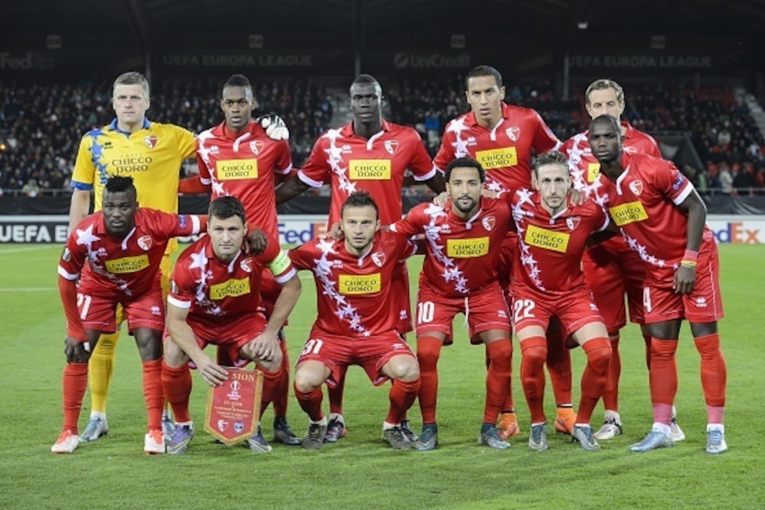 FC Sion's players (top fromL) Latvian goalpeeker Andris Vanins, Swiss midfielder Edimilson Fernandes, Senegalese midfielder Birama Ndoye, Swiss defender Leo Lacroix  and Sion's Swiss defender Reto Ziegler, (bottom fromL) Ghanaian forward Ebenezer Assifuah