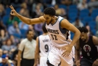 Dec 7, 2015; Minneapolis, MN, USA; Minnesota Timberwolves center Karl-Anthony Towns (32) celebrates during the second quarter against the Los Angeles Clippers at Target Center. Mandatory Credit: Brace Hemmelgarn-USA TODAY Sports