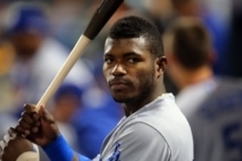 Oct 13, 2015; New York City, NY, USA; Los Angeles Dodgers right fielder Yasiel Puig (66) in the dugout prior to game four of the NLDS against the New York Mets at Citi Field. Mandatory Credit: Brad Penner-USA TODAY Sports
