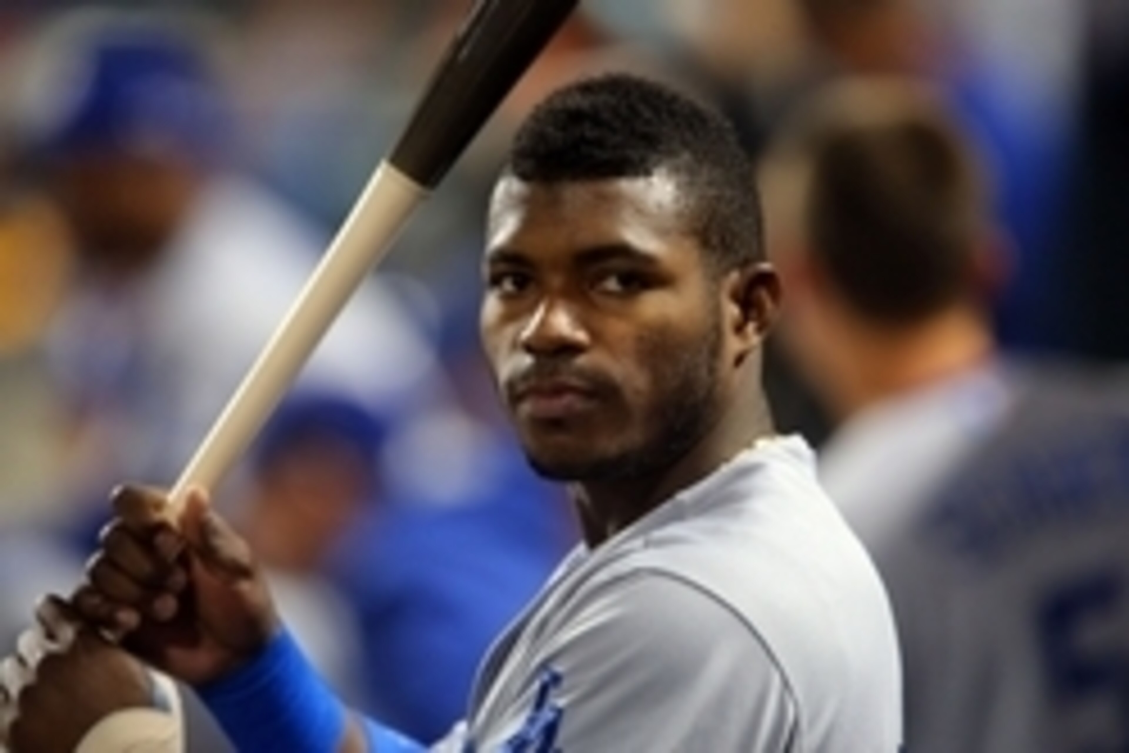 Oct 13, 2015; New York City, NY, USA; Los Angeles Dodgers right fielder Yasiel Puig (66) in the dugout prior to game four of the NLDS against the New York Mets at Citi Field. Mandatory Credit: Brad Penner-USA TODAY Sports