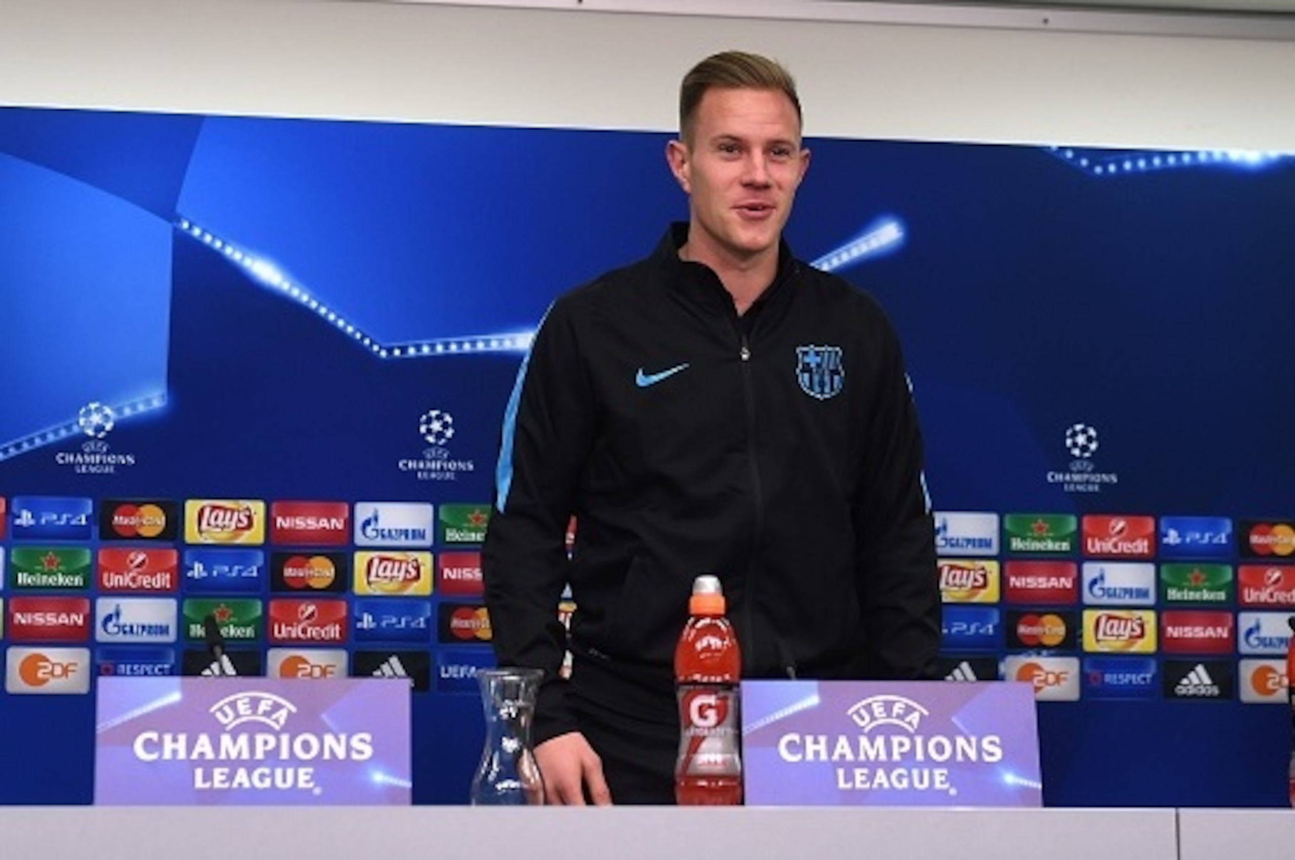 Barcelona´s goalkeeper Marc-Andre ter Stegen attends a press conference on the eve of the Group E, second-leg UEFA Champions League football match Bayer Leverkusen vs FC Barcelona in Leverkusen, western Germany on December 8, 2015. AFP PHOTO / PATRIK STOL