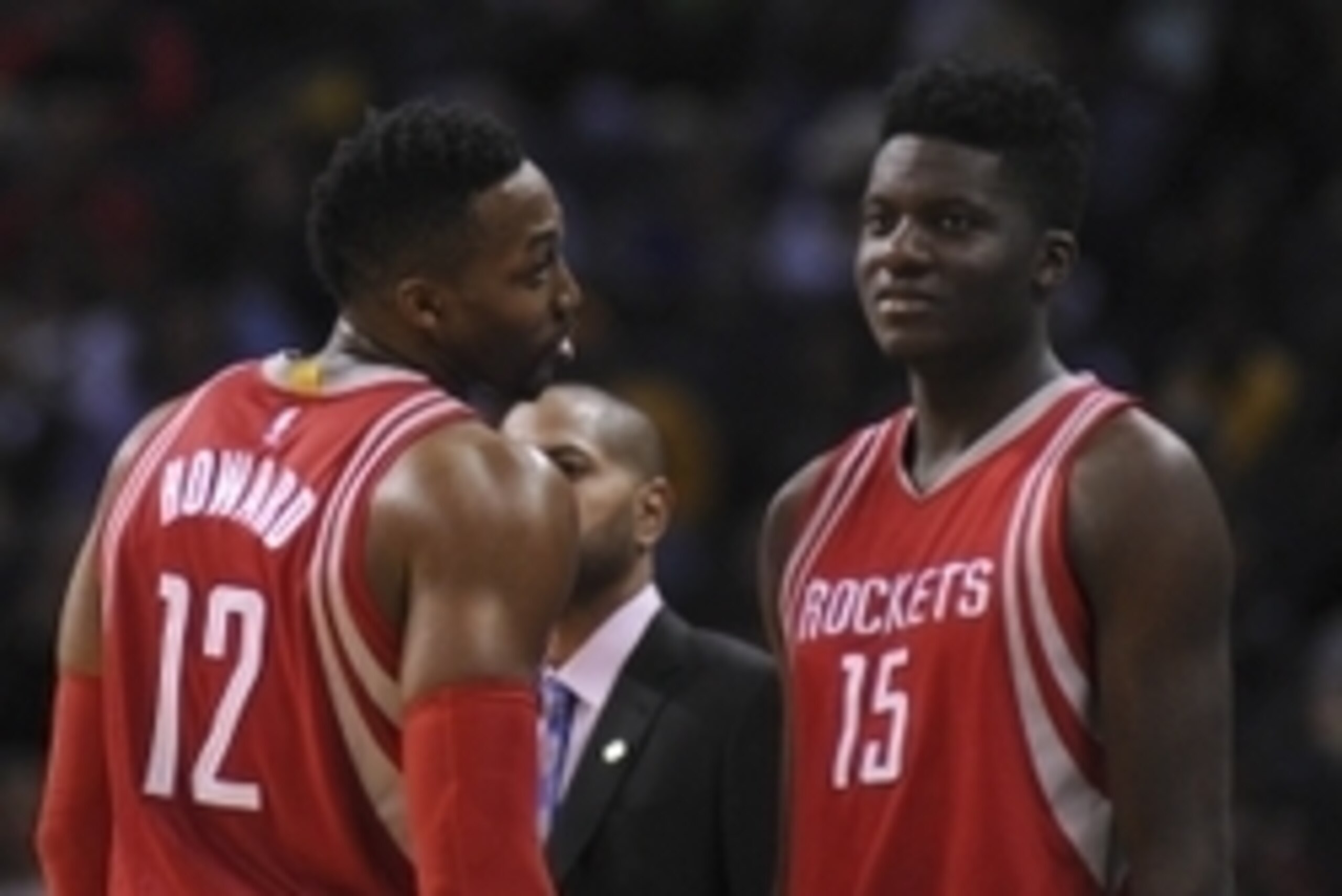 Nov 20, 2015; Memphis, TN, USA; Houston Rockets center Dwight Howard (12) and Houston Rockets center Clint Capela (15) talk during the second quarter against the Memphis Grizzlies at FedExForum. Mandatory Credit: Justin Ford-USA TODAY Sports