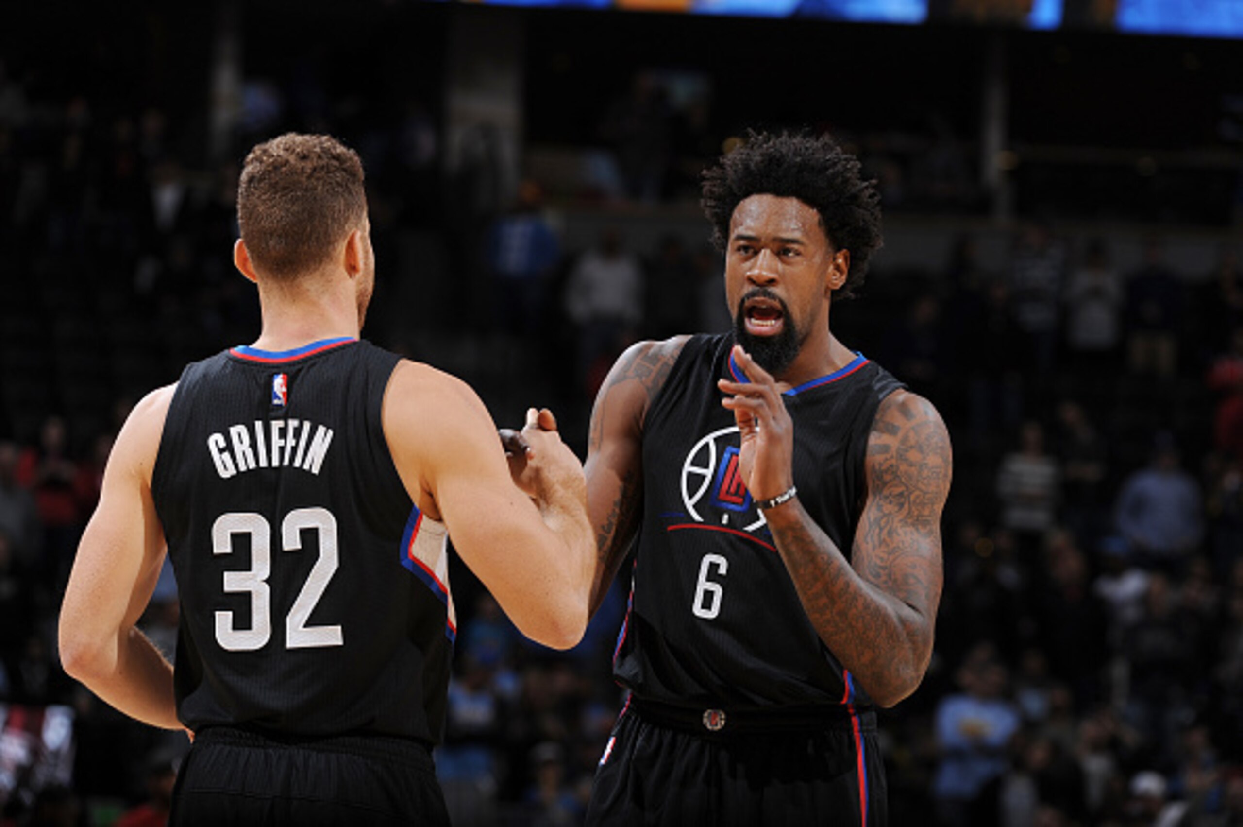 DENVER, CO - NOVEMBER 24: DeAndre Jordan #6 and Blake Griffin #32 of the Los Angeles Clippers shake hands before the game against the Denver Nuggets on November 24 2015 at the Pepsi Center in Denver, Colorado. NOTE TO USER: User expressly acknowledges and