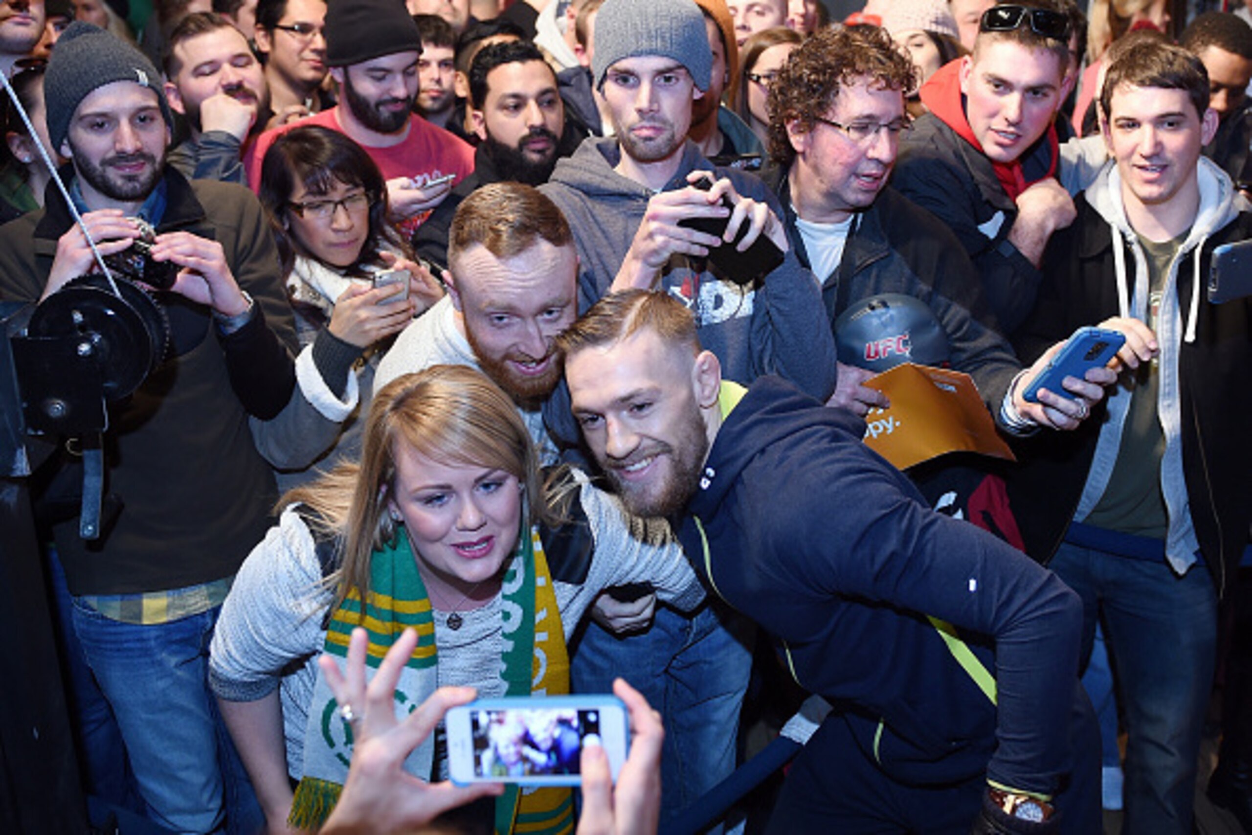 BOSTON, MA - JANUARY 16:  UFC featherweight Conor McGregor of Ireland interacts with fans at Faneuil Hall on January 16, 2015 in Boston, Massachusetts. (Photo by Jeff Bottari/Zuffa LLC/Zuffa LLC via Getty Images)