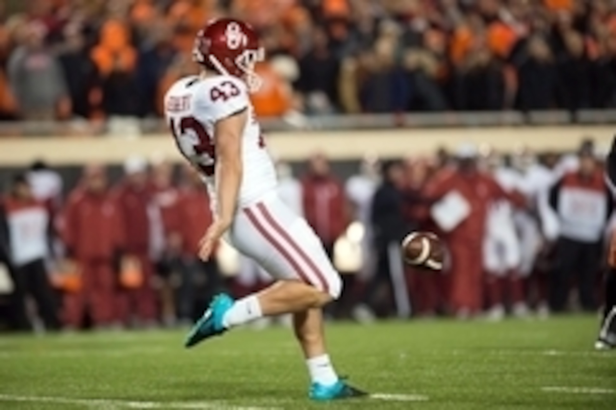 Nov 28, 2015; Stillwater, OK, USA; Oklahoma Sooners place kicker Austin Seibert (43) kicks during the first half against the Oklahoma State Cowboys at Boone Pickens Stadium. Mandatory Credit: Rob Ferguson-USA TODAY Sports