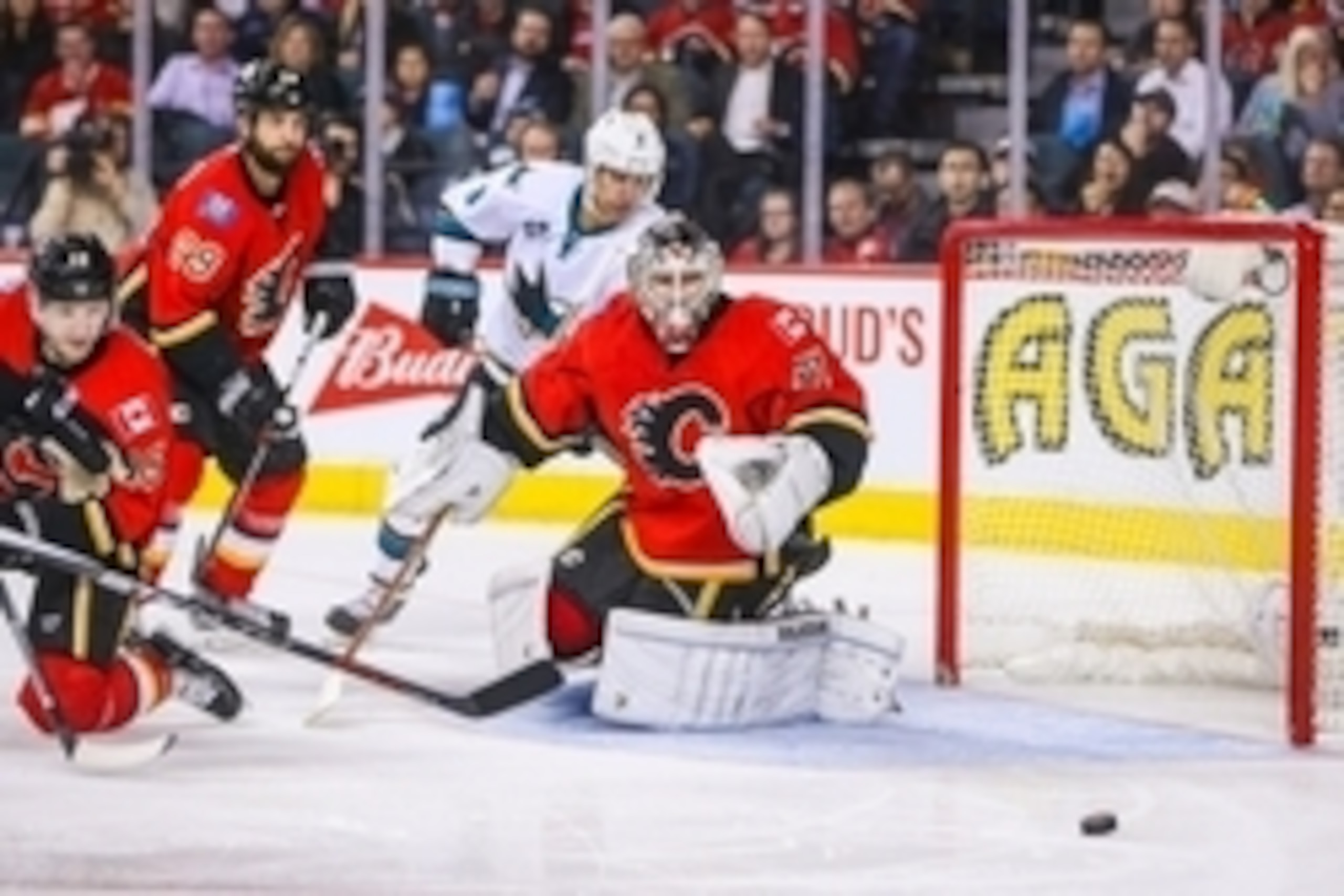 Dec 8, 2015; Calgary, Alberta, CAN; Calgary Flames goalie Karri Ramo (31) guards his net against the San Jose Sharks during the second period at Scotiabank Saddledome. Mandatory Credit: Sergei Belski-USA TODAY Sports