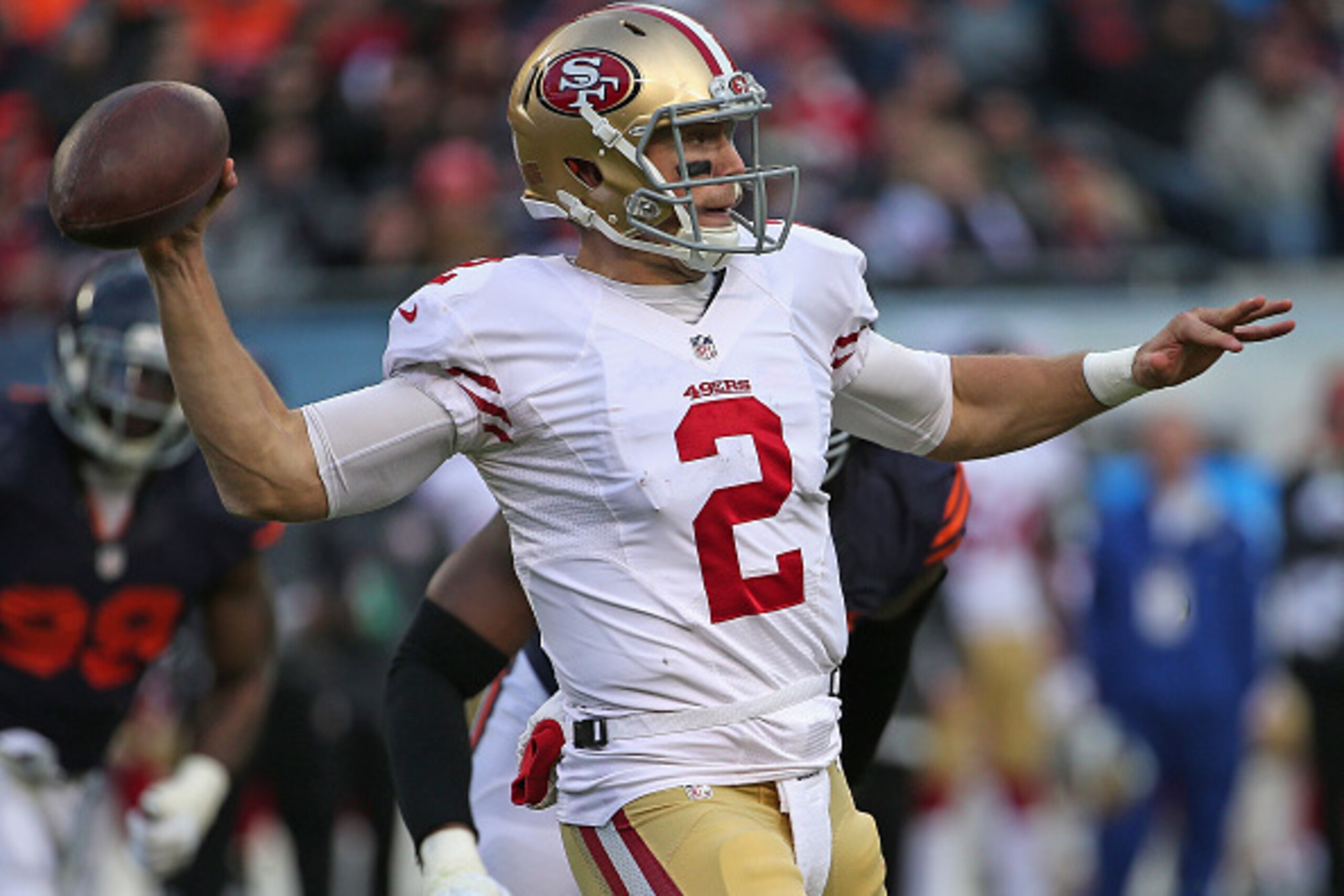 CHICAGO, IL - DECEMBER 06: Blaine Gabbert #2 of the San Francisco 49ers passes against the Chicago Bears at Soldier Field on December 6, 2015 in Chicago, Illinois. The 49ers defeated the Bears 26-20 in overtime. (Photo by Jonathan Daniel/Getty Images) CHICAGO, IL - DECEMBER 06: Blaine Gabbert #2 of the San Francisco 49ers passes against the Chicago Bears at Soldier Field on December 6, 2015 in Chicago, Illinois. The 49ers defeated the Bears 26-20 in overtime. (Photo by Jonathan Daniel/Getty Images)