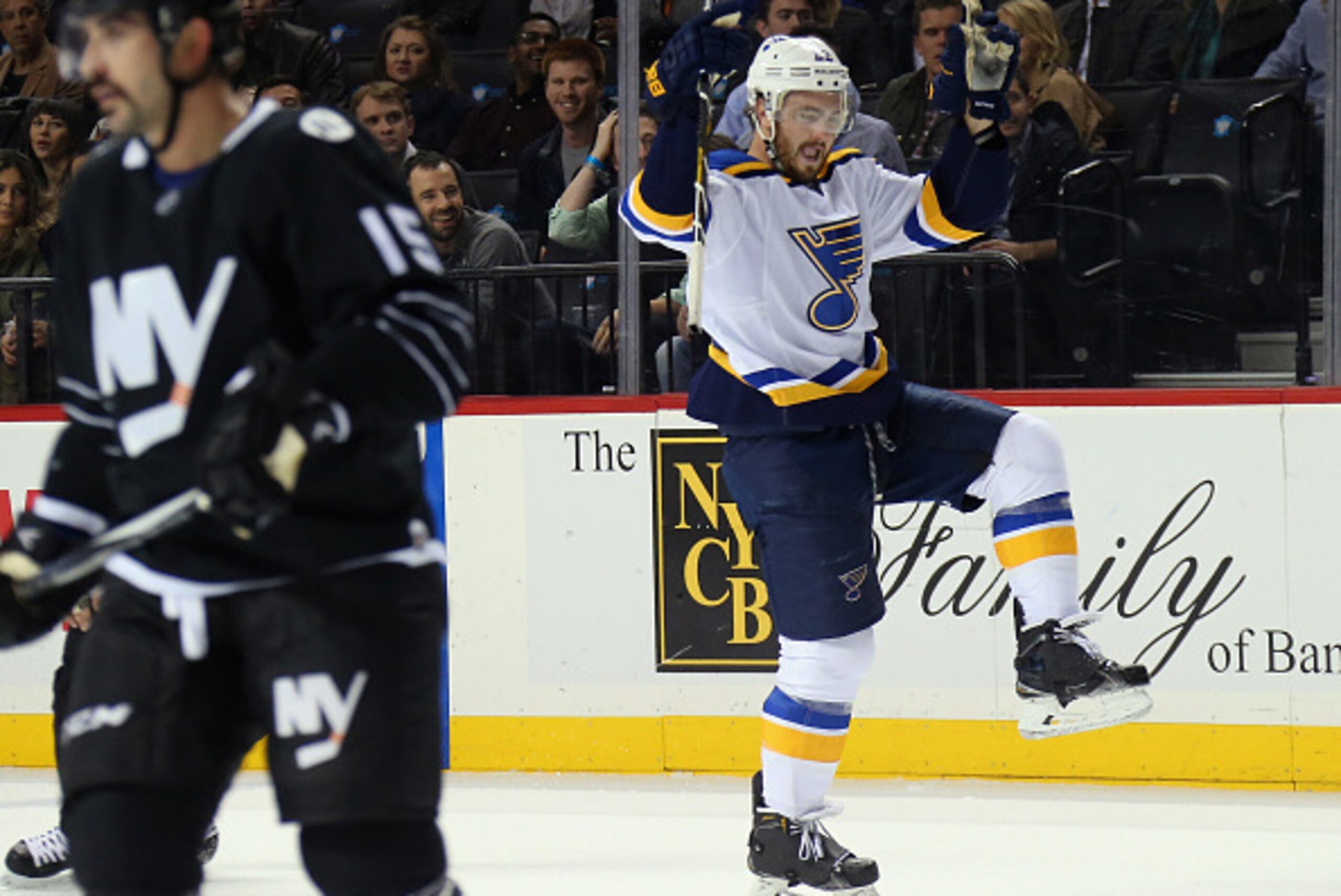 NEW YORK, NY - DECEMBER 04:  Kevin Shattenkirk #22 of the St. Louis Blues celebrates his goal at 19:33 of the first period against the New York Islanders at the Barclays Center on December 4, 2015 in Brooklyn borough of New York City.  (Photo by Bruce Ben