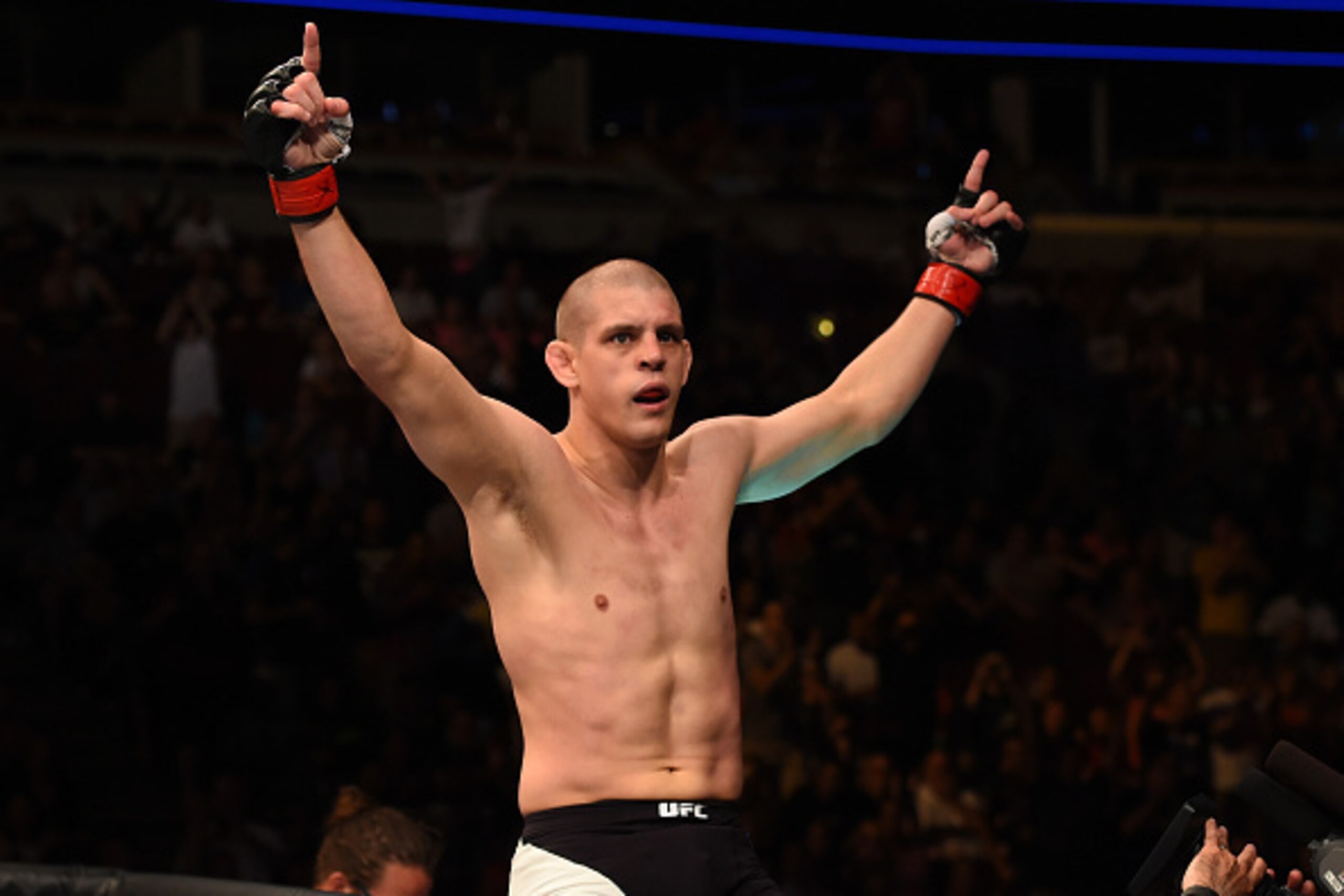 CHICAGO, IL - JULY 25: Joe Lauzon reacts after his knockout victory over Takanori Gomi of Japan in their lightweight bout during the UFC event at the United Center on July 25, 2015 in Chicago, Illinois. (Photo by Jeff Bottari/Zuffa LLC/Zuffa LLC via Get CHICAGO, IL - JULY 25: Joe Lauzon reacts after his knockout victory over Takanori Gomi of Japan in their lightweight bout during the UFC event at the United Center on July 25, 2015 in Chicago, Illinois. (Photo by Jeff Bottari/Zuffa LLC/Zuffa LLC via Get