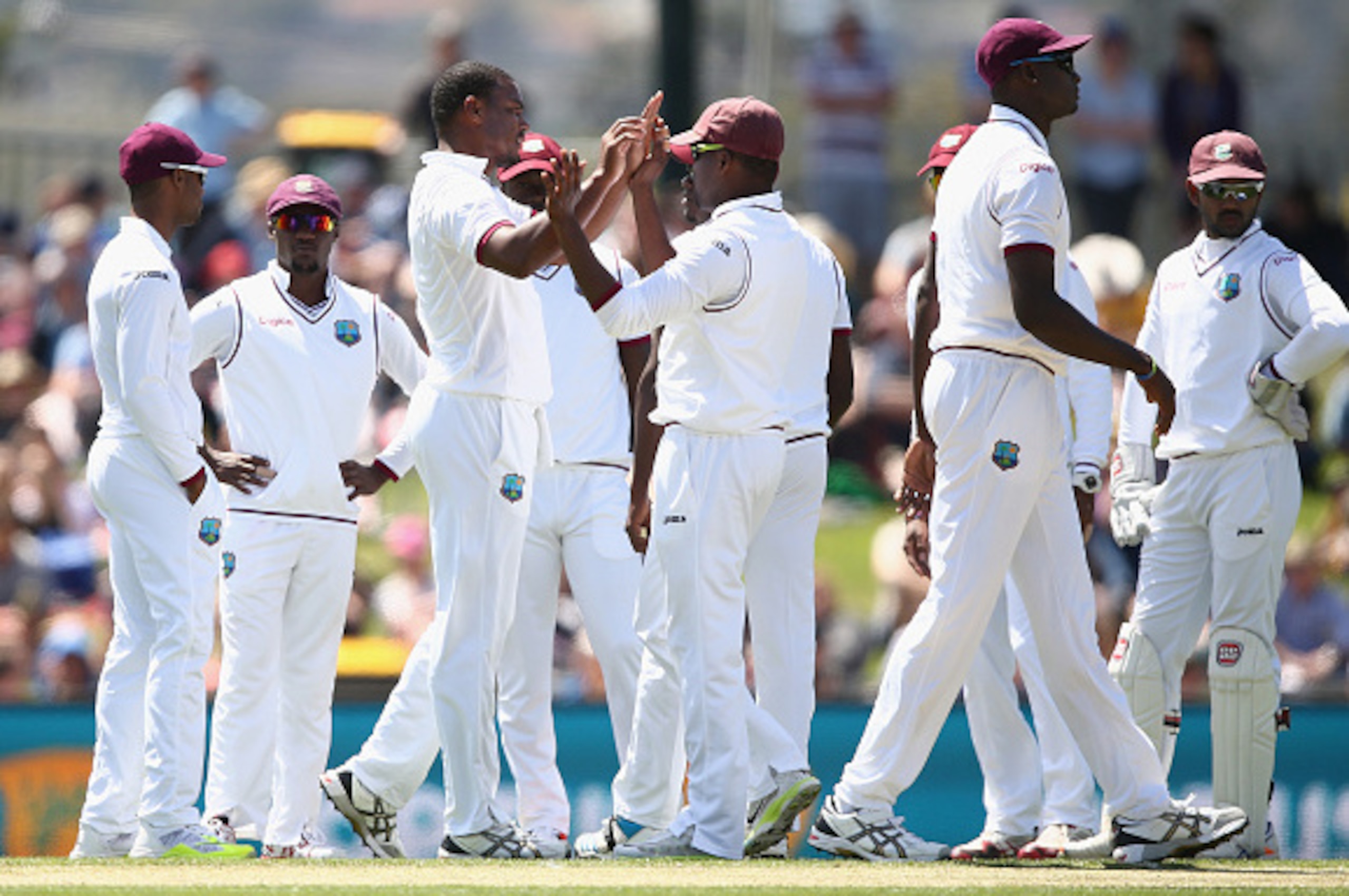 HOBART, AUSTRALIA - DECEMBER 10: Shannon Gabriel of the West Indies celebrates dismissing Joe Burns of Australia during day one of the First Test match between Australia and the West Indies at Blundstone Arena on December 10, 2015 in Hobart, Australia. HOBART, AUSTRALIA - DECEMBER 10: Shannon Gabriel of the West Indies celebrates dismissing Joe Burns of Australia during day one of the First Test match between Australia and the West Indies at Blundstone Arena on December 10, 2015 in Hobart, Australia.