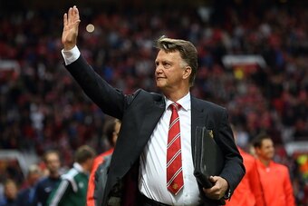 MANCHESTER, ENGLAND - AUGUST 18:  Louis van Gaal the head coach / manager of Manchester United waves to the crowd during the UEFA Champions League Qualifying Round Play Off First Leg between Manchester United and Club Brugge at Old Trafford on August 18, 