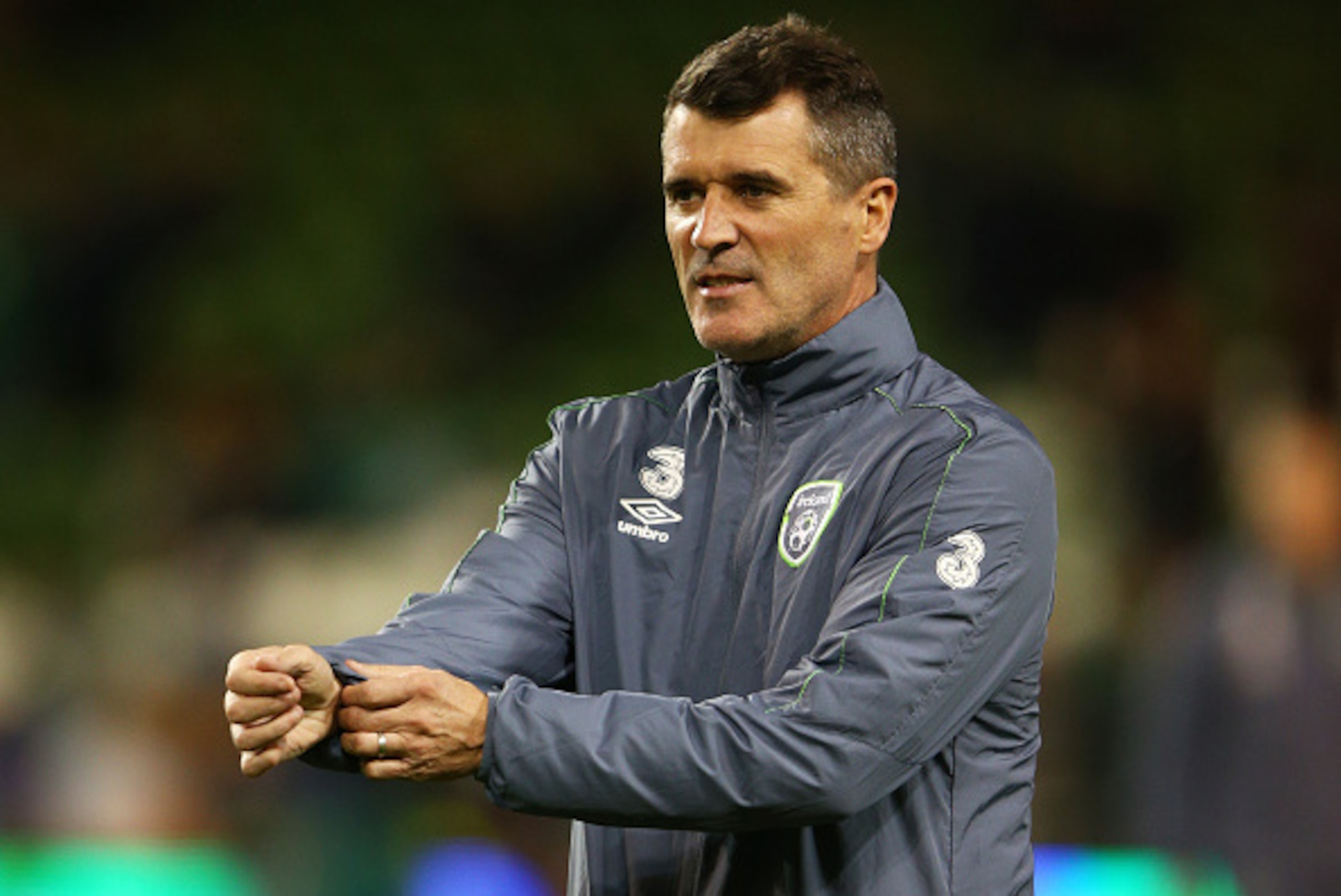 DUBLIN, IRELAND - NOVEMBER 16:  Republic of Ireland assistant coach Roy Keane looks on as his players warm up prior to kickoff during the UEFA EURO 2016 Qualifier play off, second leg match between Republic of Ireland and Bosnia and Herzegovina at the Avi