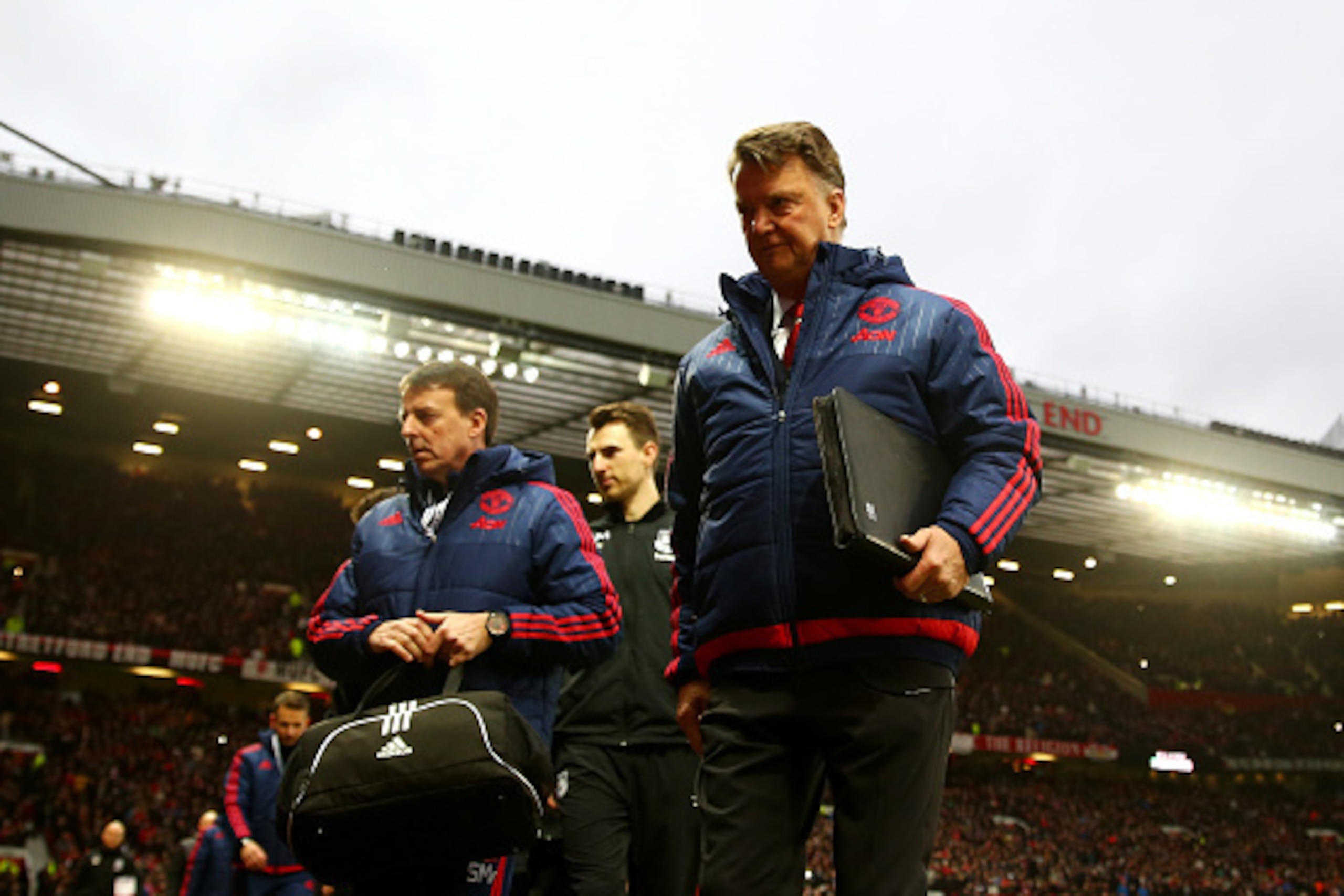 MANCHESTER, ENGLAND - DECEMBER 05: Louis van Gaal Manager of Manchester United looks on during the Barclays Premier League match between Manchester United and West Ham United at Old Trafford on December 5, 2015 in Manchester, England.  (Photo by Michael S
