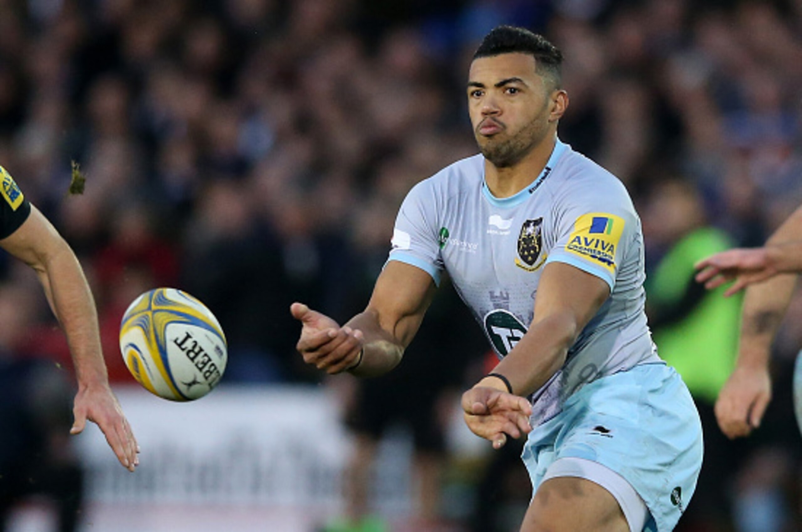 BATH, ENGLAND - DECEMBER 05:  Luther Burrell of Northampton passes the ball during the Aviva Premiership match between Bath and Northampton Saints at the Recreation Ground on December 5, 2015 in Bath, England.  (Photo by David Rogers/Getty Images)