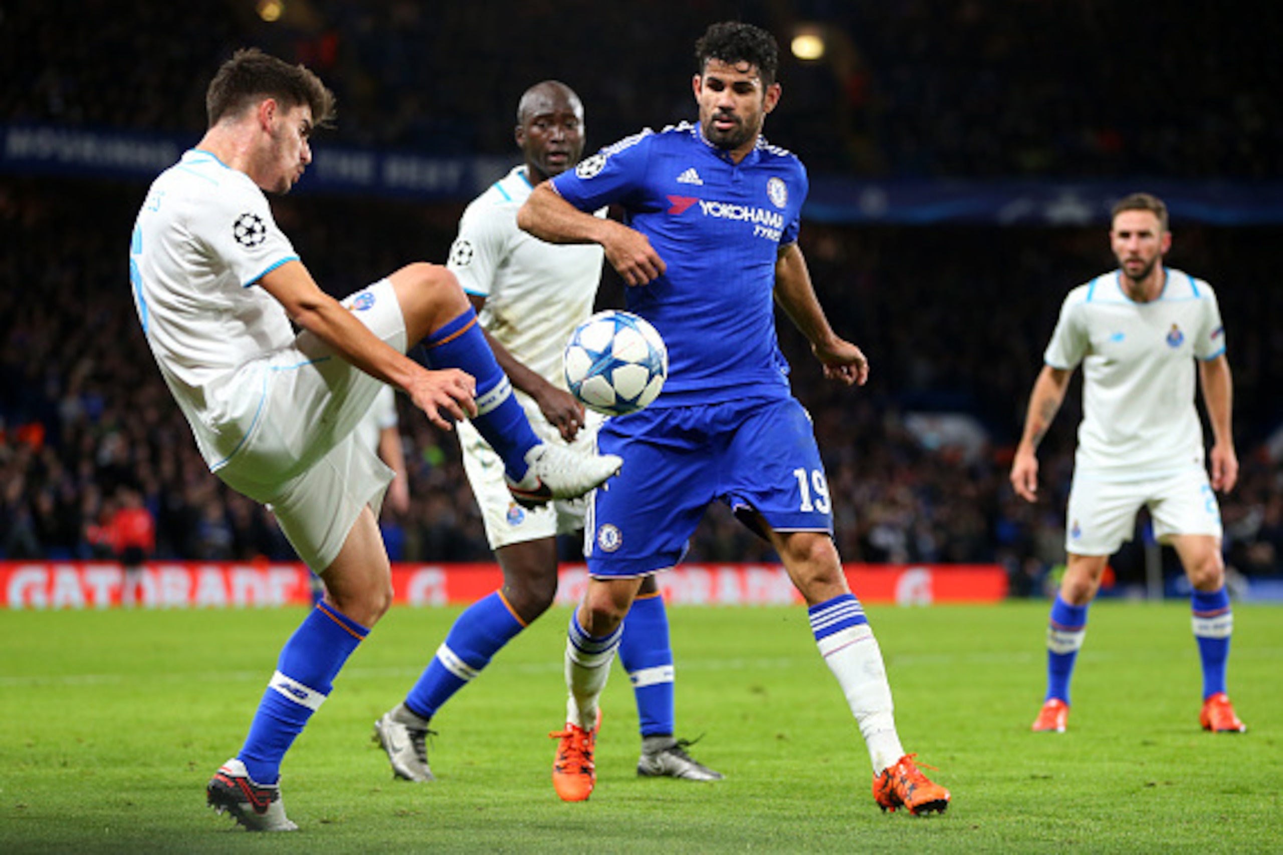 LONDON, ENGLAND - DECEMBER 09:  Diego Costa of Chelsea watches as Ruben Neves of FC Porto controls the ball during the UEFA Champions League match between Chelsea and FC Porto at Stamford Bridge on December 9, 2015 in London, United Kingdom.  (Photo by Ca