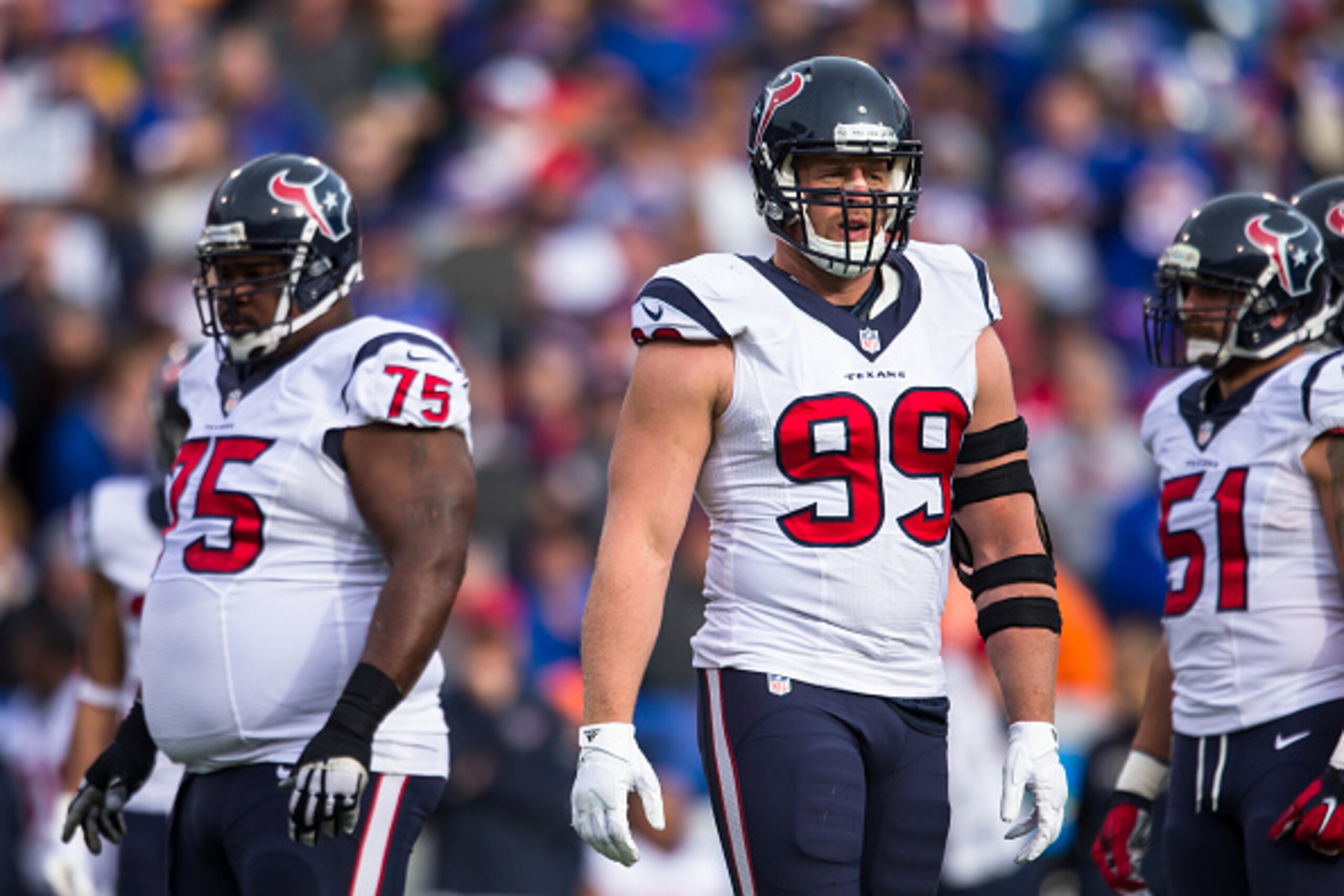 ORCHARD PARK, NY - DECEMBER 06:  J.J. Watt #99 of the Houston Texans looks to the sideline during the game against the Buffalo Bills on December 6, 2015 at Ralph Wilson Stadium in Orchard Park, New York.  Buffalo defeats Houston 30-21.  (Photo by Brett Ca