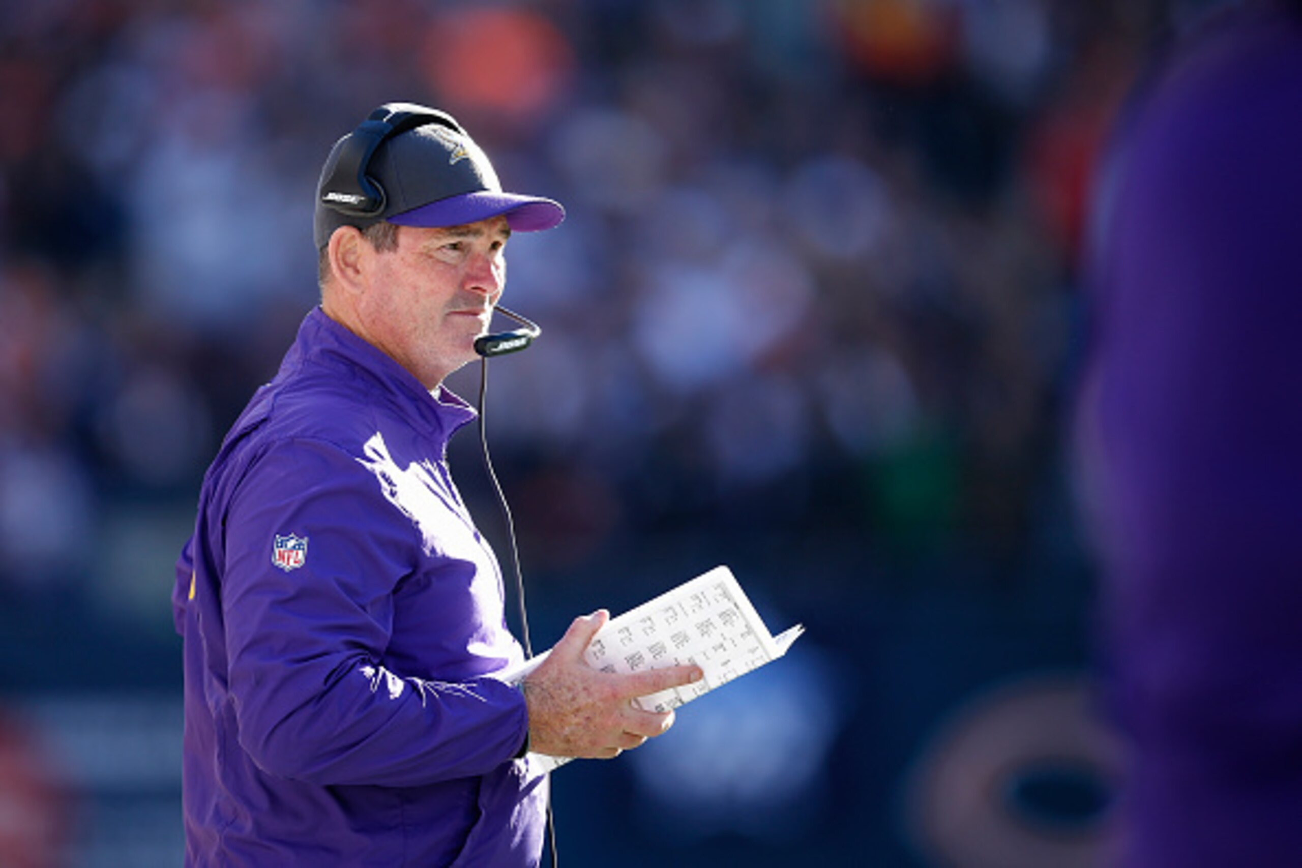 CHICAGO, IL - NOVEMBER 1: Head coach Mike Zimmer of the Minnesota Vikings looks on during a game against the Chicago Bears at Soldier Field on November 1, 2015 in Chicago, Illinois. The Vikings defeated the Bears 23-20. (Photo by Joe Robbins/Getty Images)