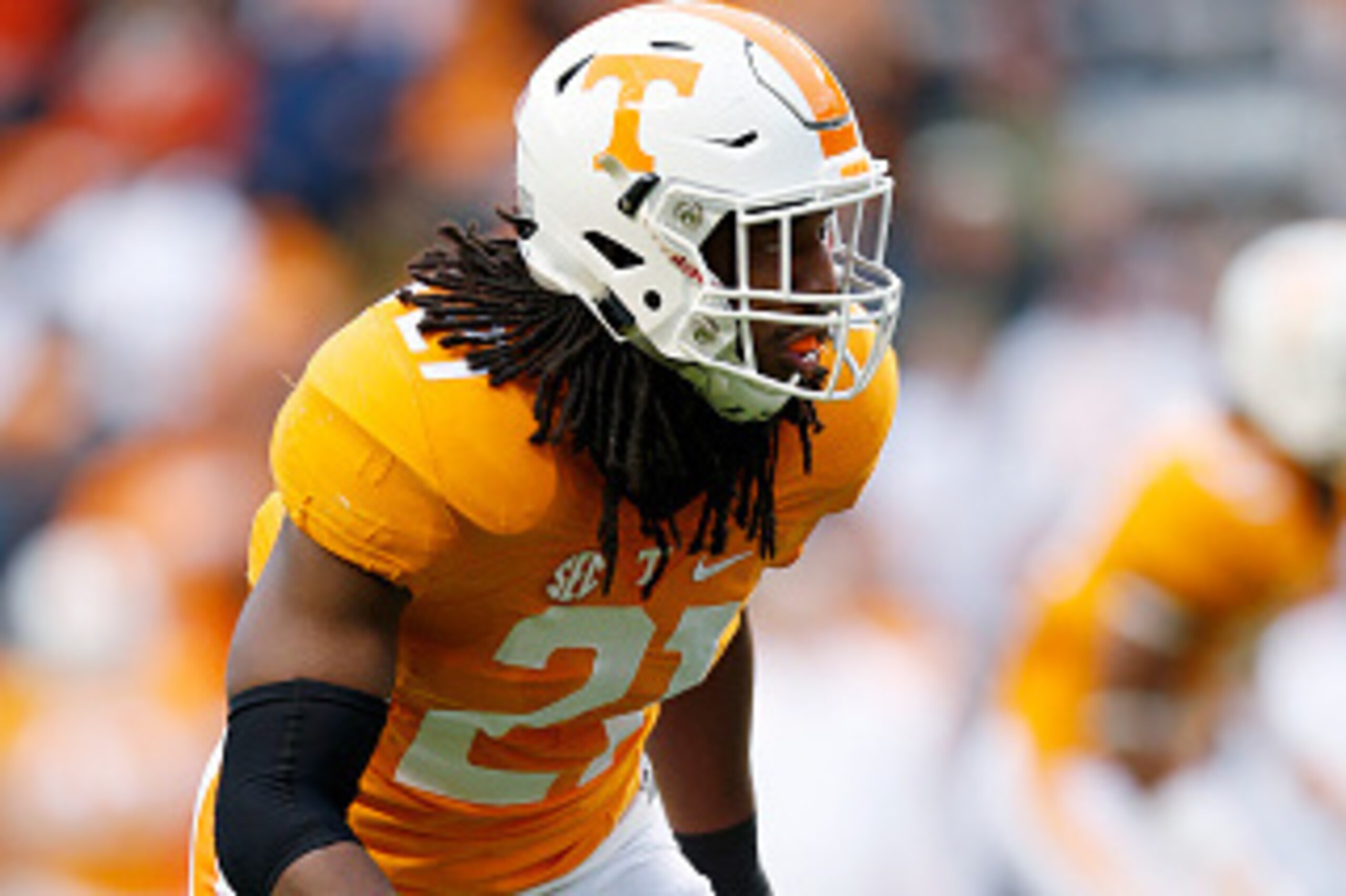 KNOXVILLE, TN - NOVEMBER 7: Jalen Reeves-Maybin #21 of the Tennessee Volunteers in action against the South Carolina Gamecocks during a game at Neyland Stadium on November 7, 2015 in Knoxville, Tennessee. Tennessee defeated South Carolina 27-24. (Photo by