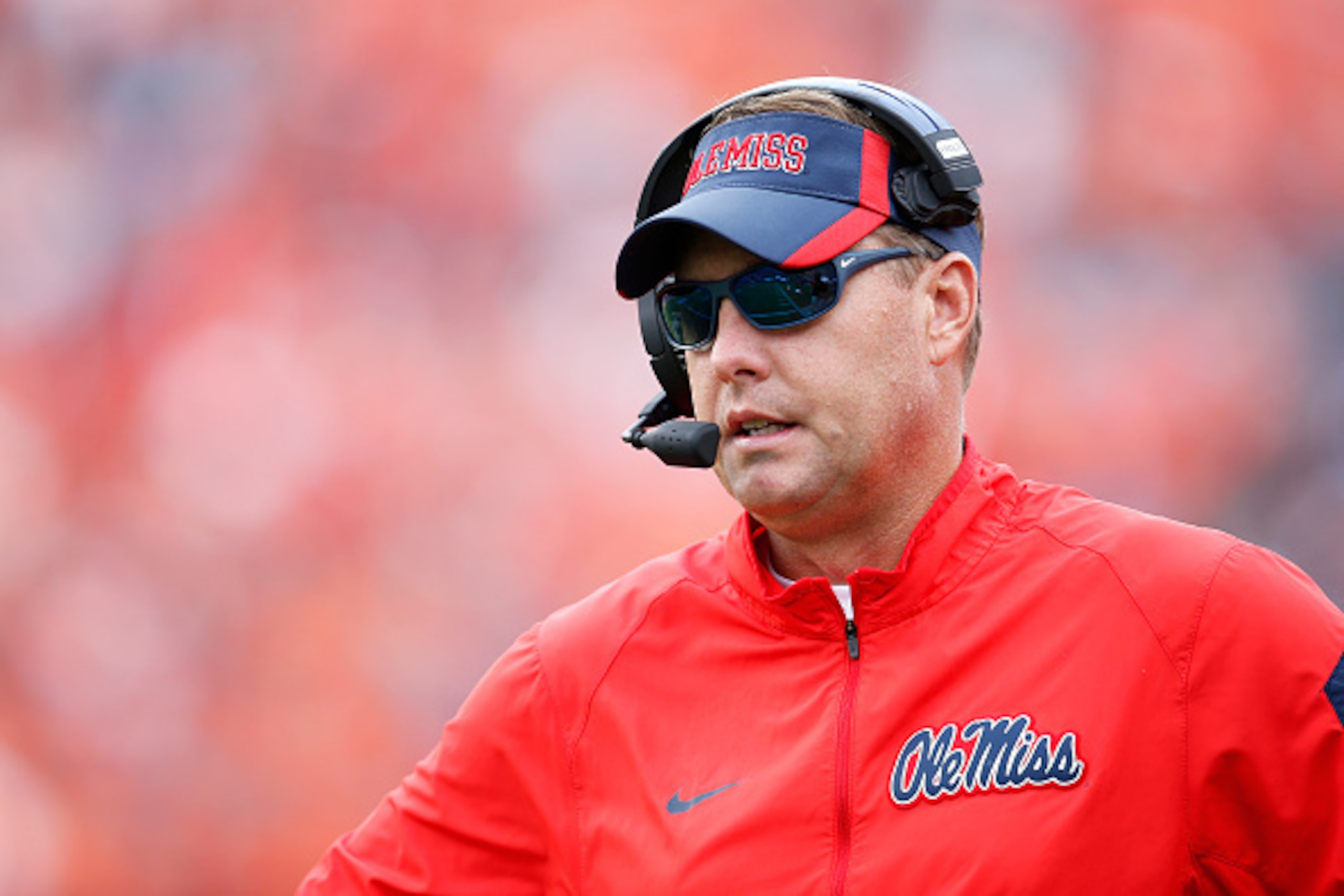 AUBURN, AL - OCTOBER 31: Head coach Hugh Freeze of the Ole Miss Rebels looks on during a game against the Auburn Tigers at Jordan-Hare Stadium on October 31, 2015 in Auburn, Alabama. Ole Miss defeated Auburn 27-19. (Photo by Joe Robbins/Getty Images)