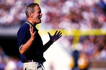 18 Sep 1999: Head coach Bob Davie of the Notre Dame Fighting Irish yells from the sidelines during the game against the Michigan State Spartans at the Notre Dame Stadium in South Bend, Indiana. The Spartins defeated the Fighting Irish 23-13.