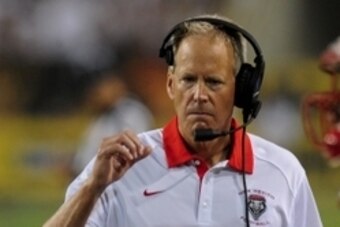 Sep 18, 2015; Tempe, AZ, USA; New Mexico Lobos head coach Bob Davie looks on during the second half against the Arizona State Sun Devils at Sun Devil Stadium. Mandatory Credit: Matt Kartozian-USA TODAY Sports