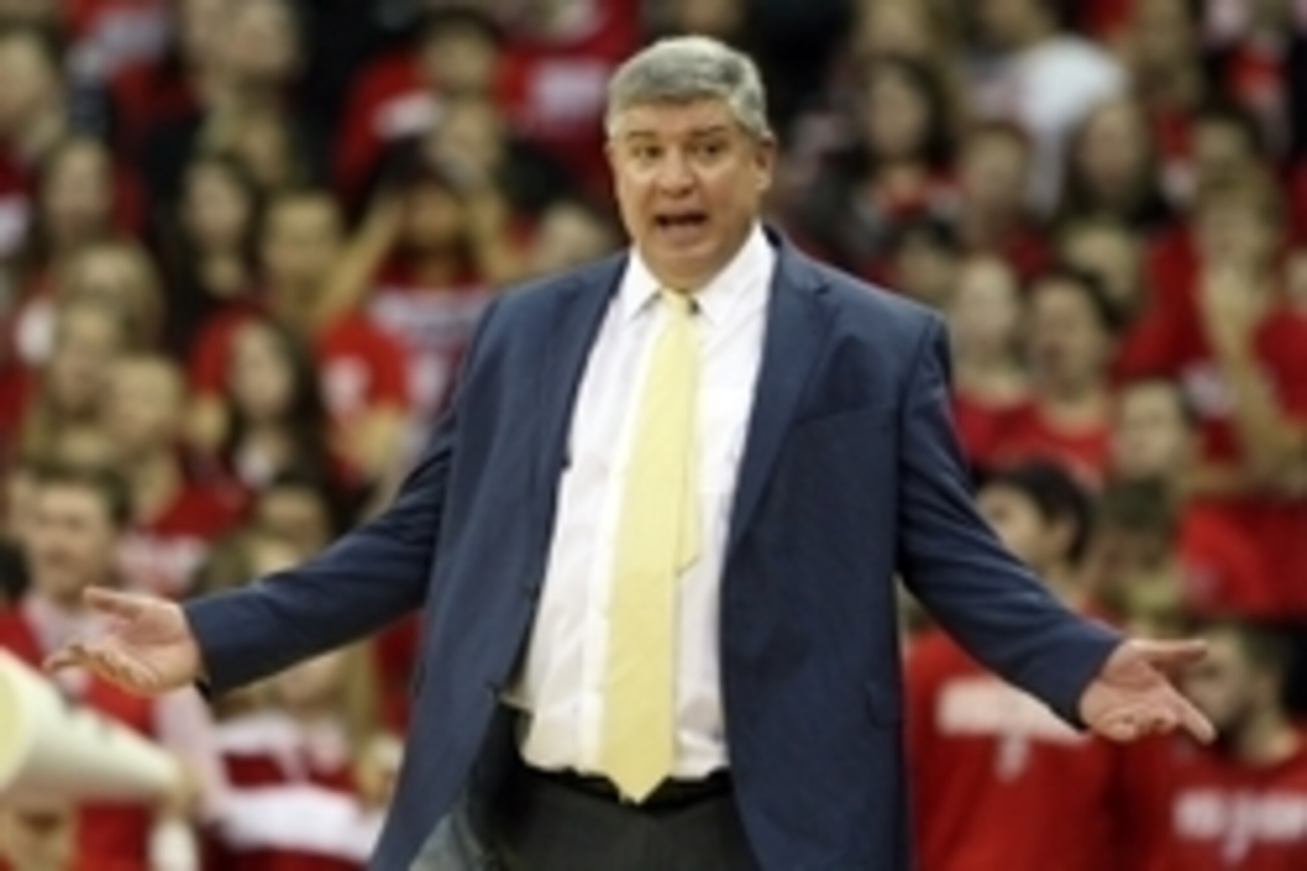 Nov 15, 2015; Madison, WI, USA;  Siena Saints head coach Jimmy Patsos reacts to a call during the game with the Wisconsin Badgers at the Kohl Center. Wisconsin defeated Siena 92-65. Mandatory Credit: Mary Langenfeld-USA TODAY Sports