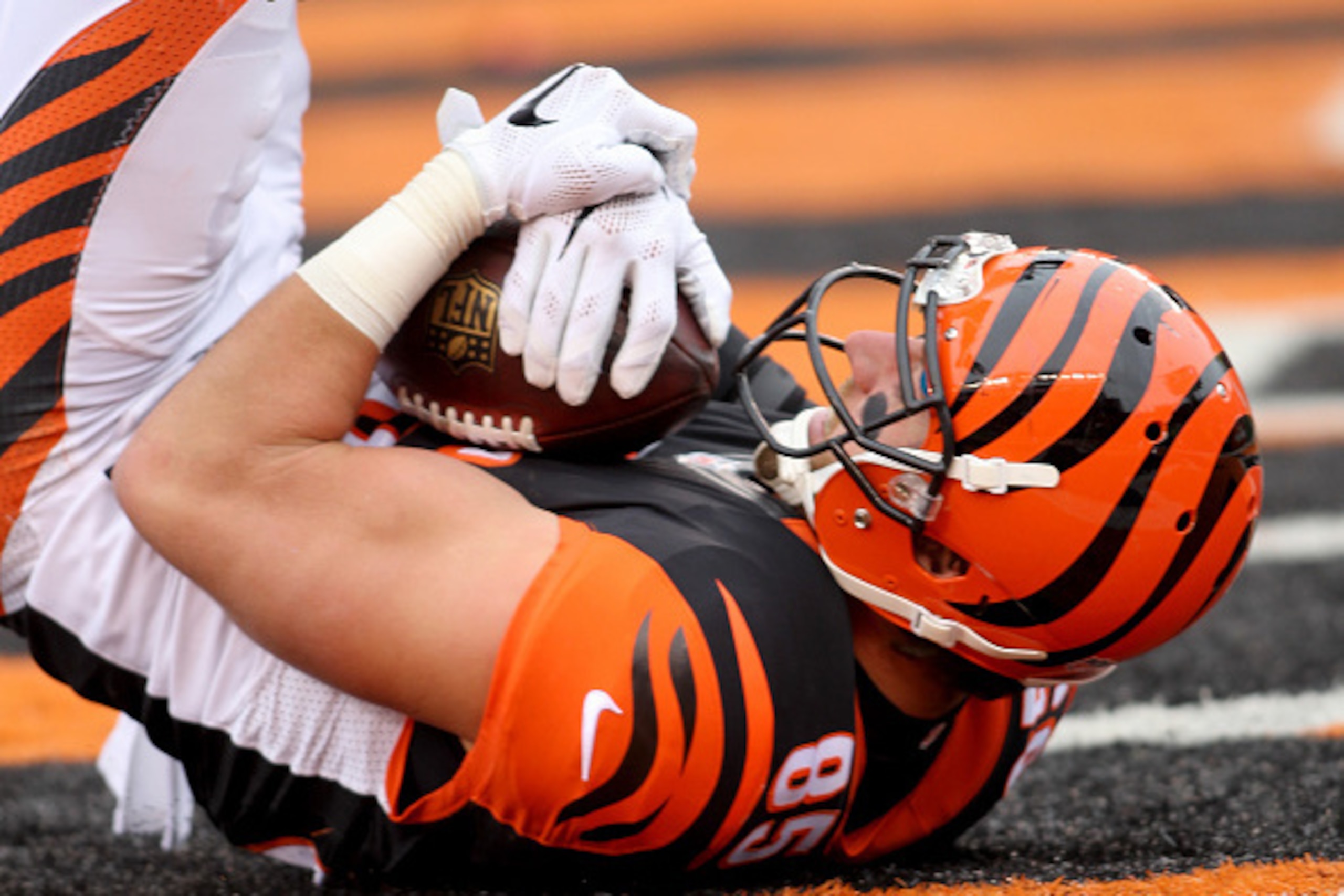 CINCINNATI, OH - NOVEMBER 29:  Tyler Eifert #85 of the Cincinnati Bengals makes a touchdown catch during the game against the St. Louis Rams at Paul Brown Stadium on November 29, 2015 in Cincinnati, Ohio.  (Photo by John Grieshop/Getty Images)