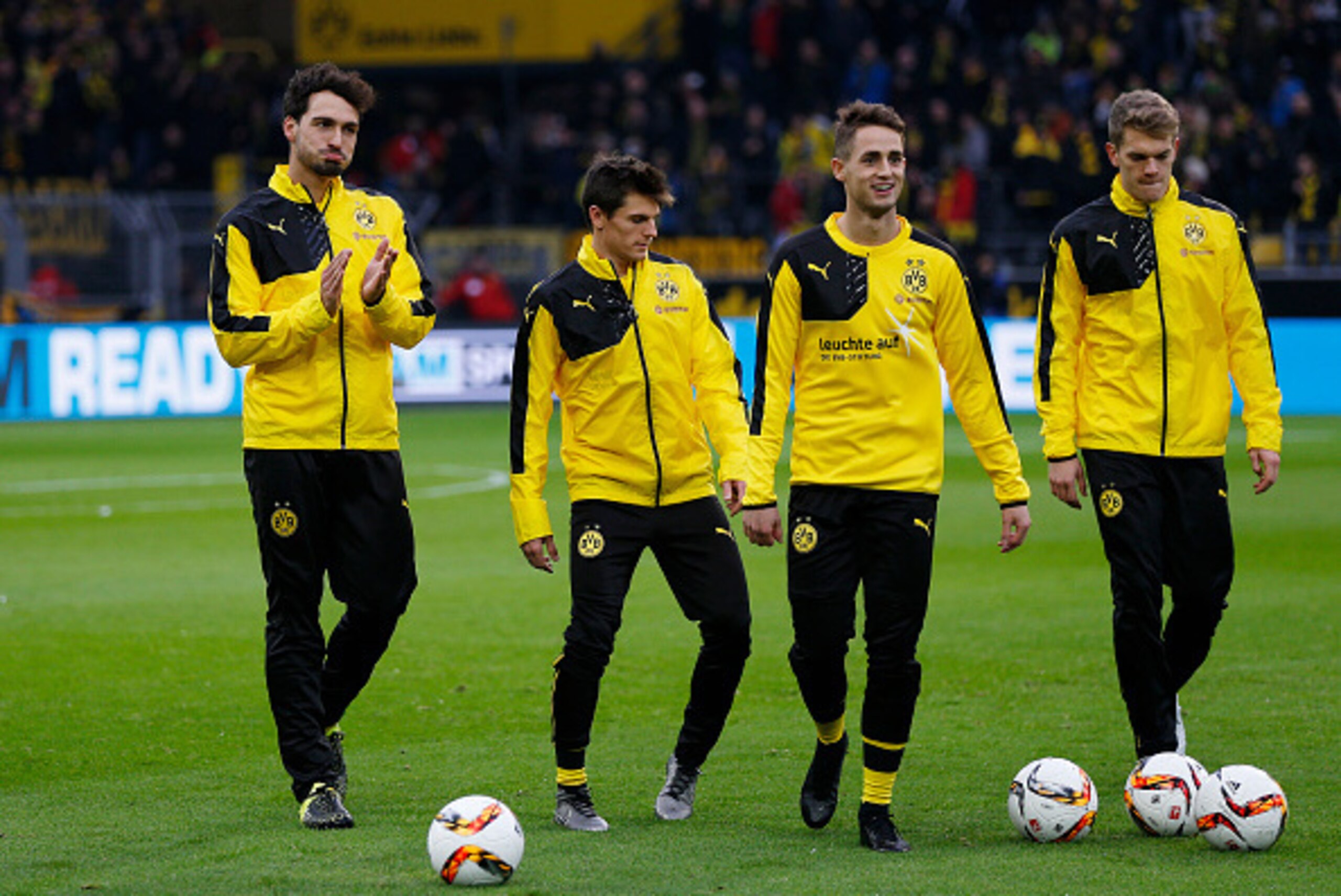 (From L) Dortmund's defender Mats Hummels, midfielder Jonas Hofmann, Belgian midfielder Adnan Januzaj and defender Matthias Ginter warm up prior to the German first division Bundesliga football match Borussia Dortmund vs VfB Stuttgart, in Dortmund, wester (From L) Dortmund's defender Mats Hummels, midfielder Jonas Hofmann, Belgian midfielder Adnan Januzaj and defender Matthias Ginter warm up prior to the German first division Bundesliga football match Borussia Dortmund vs VfB Stuttgart, in Dortmund, wester