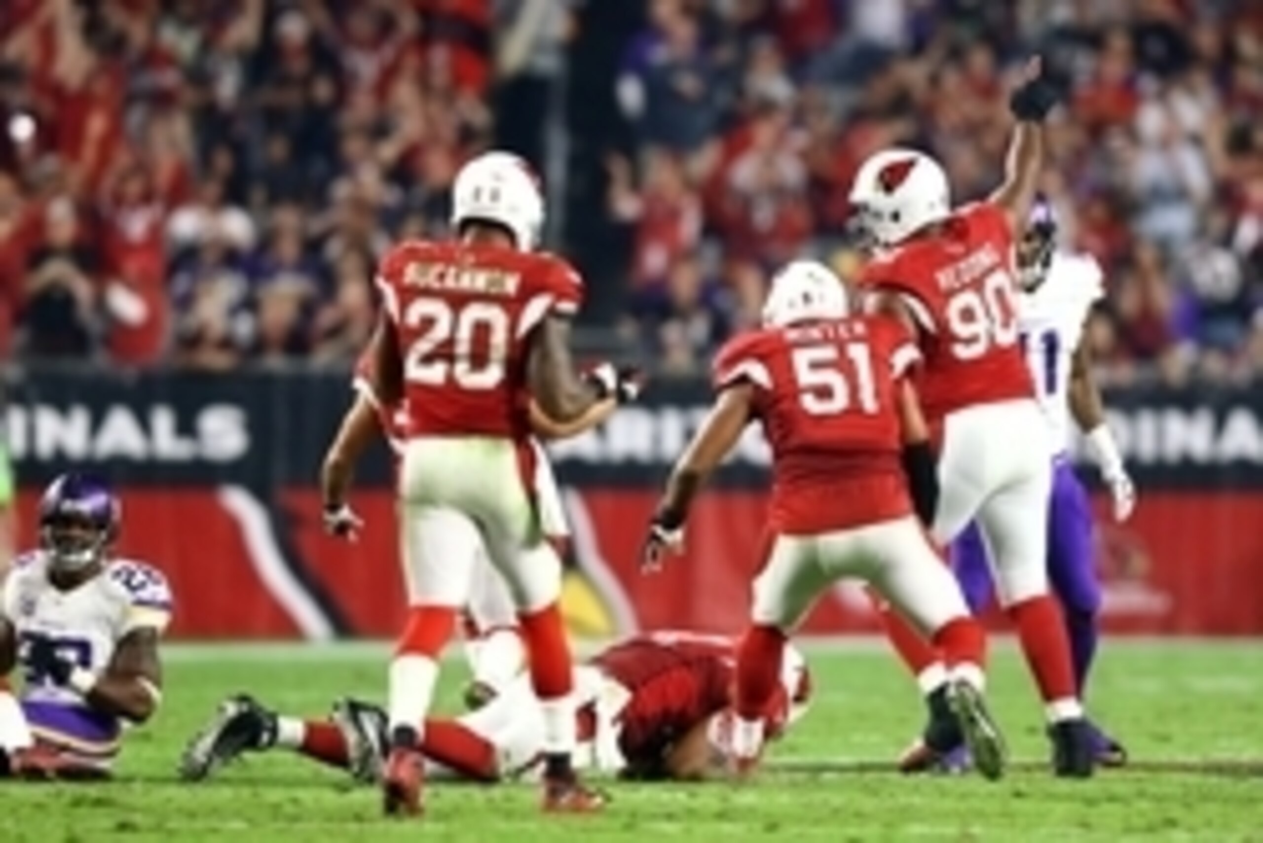 Dec 10, 2015; Glendale, AZ, USA; Arizona Cardinals linebacker Alex Okafor recovers a fumble as defensive end Cory Redding (90) celebrates in the second half against the Minnesota Vikings at University of Phoenix Stadium. The Cardinals defeated the Vikings