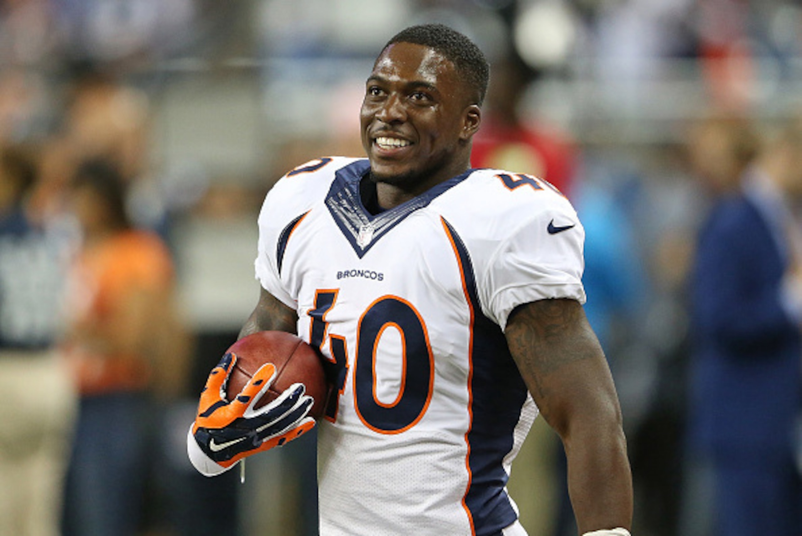 DETROIT, MI - SEPTEMBER 27: Juwan Thompson #40 of the Denver Broncos warms up prior to the start of the game against the Detroit Lions on September 27, 2015 at Ford Field in Detroit, Michigan. The Broncos defeated the Lions 24-12. (Photo by Leon Halip/Get