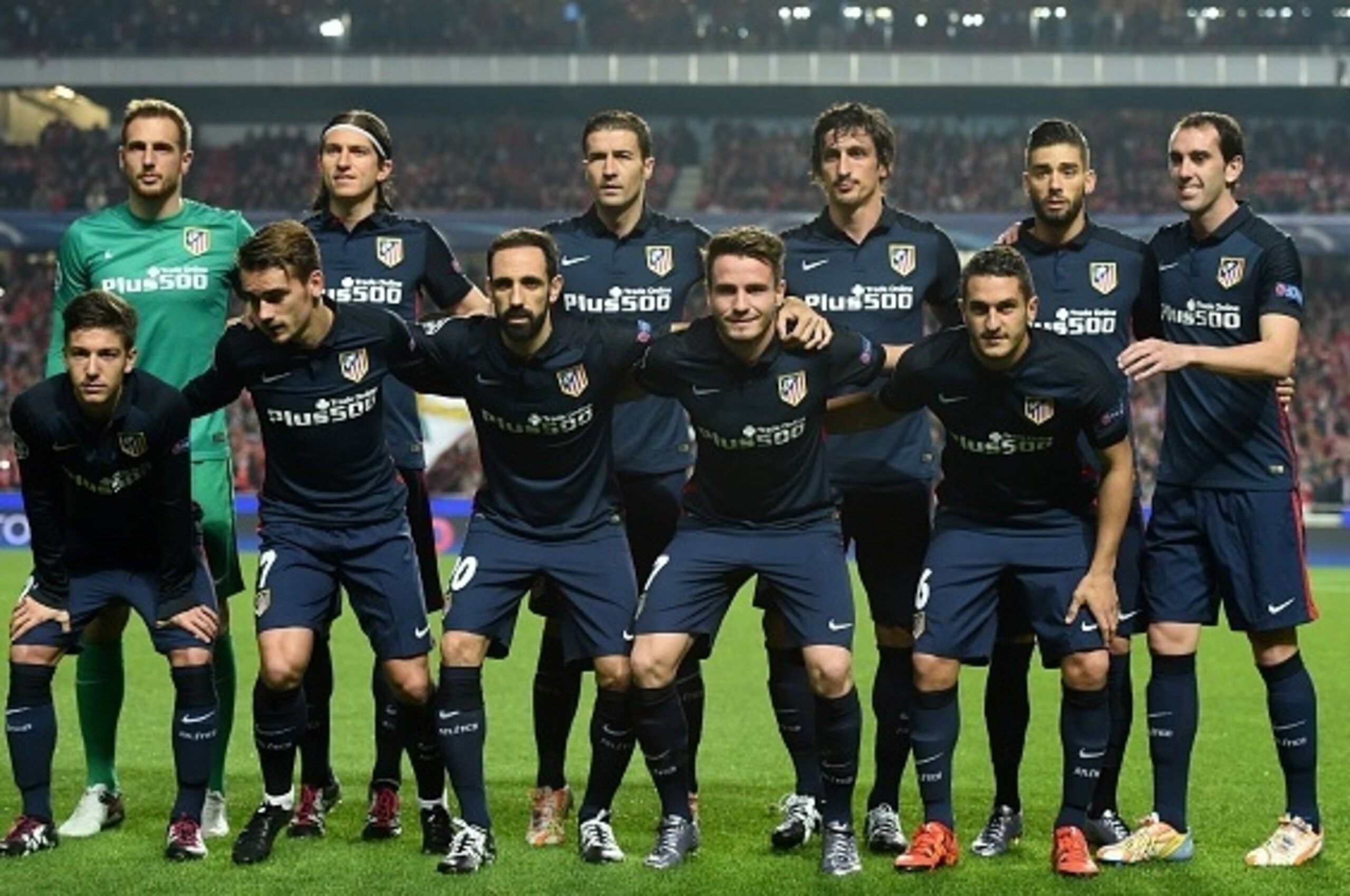 (From topL) Atletico Madrid players, Slovenian goalkeeper Jan Oblak, Brazilian defender Filipe Luis, Spanish midfielder Gabi, Montenegrin defender Stefan Savic, Belgian midfielder Yannick Ferreira Carrasco, Uruguayan defender Diego Godin, Argentinian forw